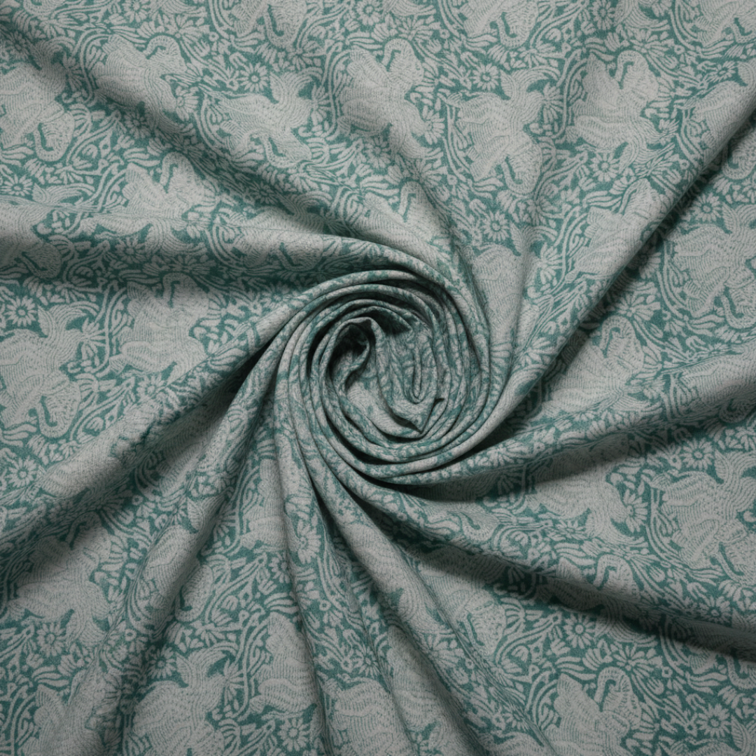 Single-Sided Block Printed Mal Cotton Fabric in Soft Green Floral Pattern