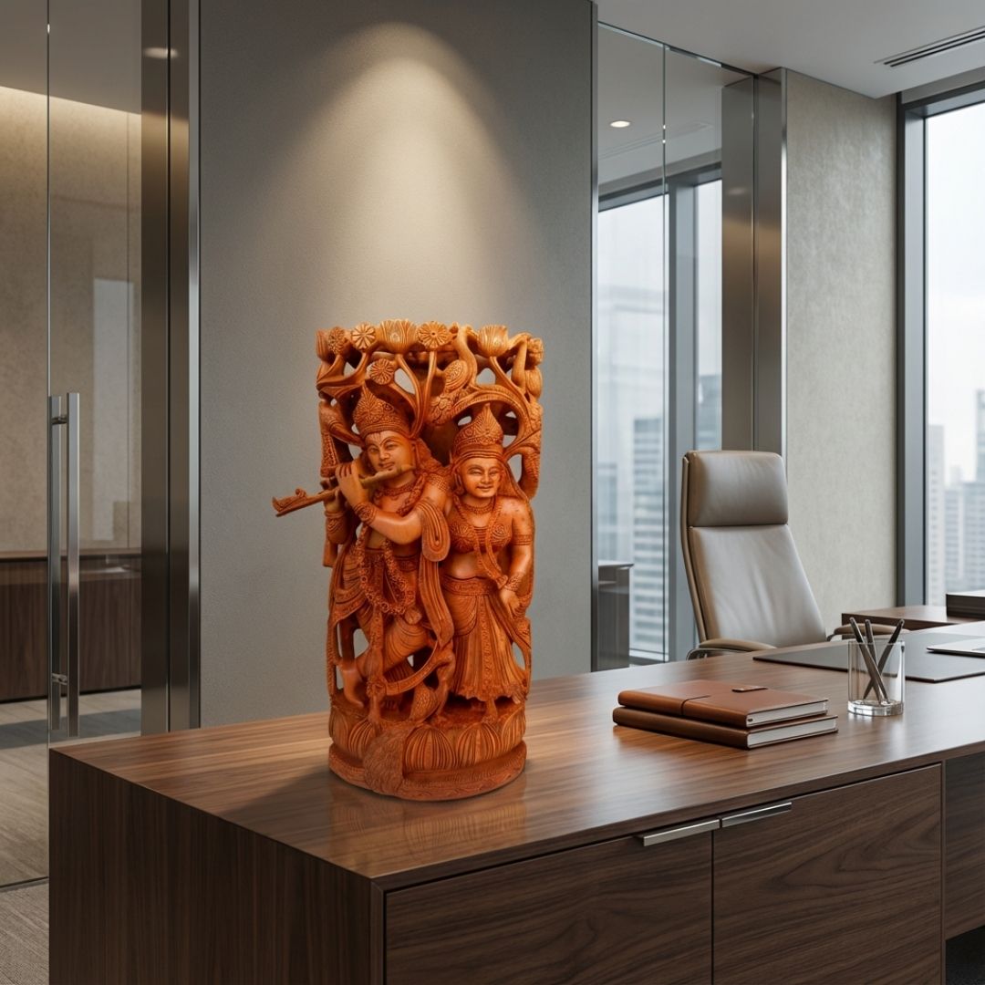 Radha Krishna Jugal Murti in Sandalwood with Intricate Tree Carving