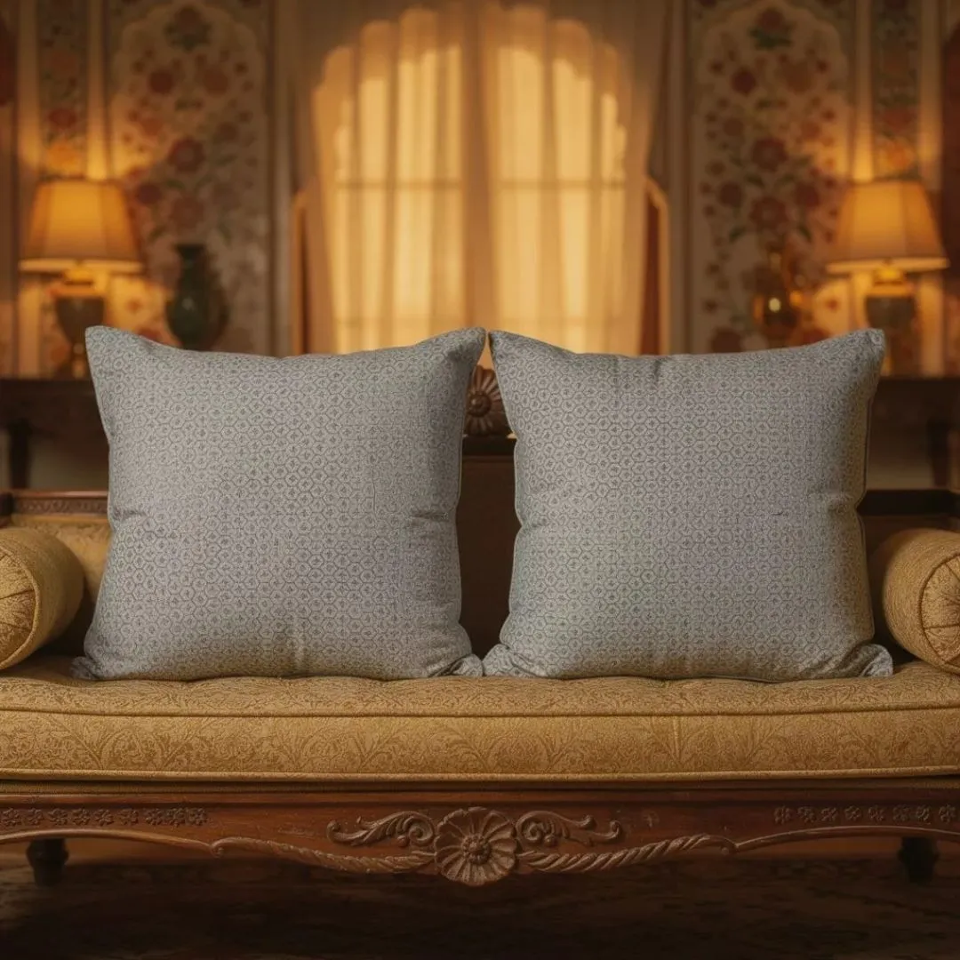 Block Printed Cotton Cushion Covers with Subtle All-Over Pattern (Set of 2)