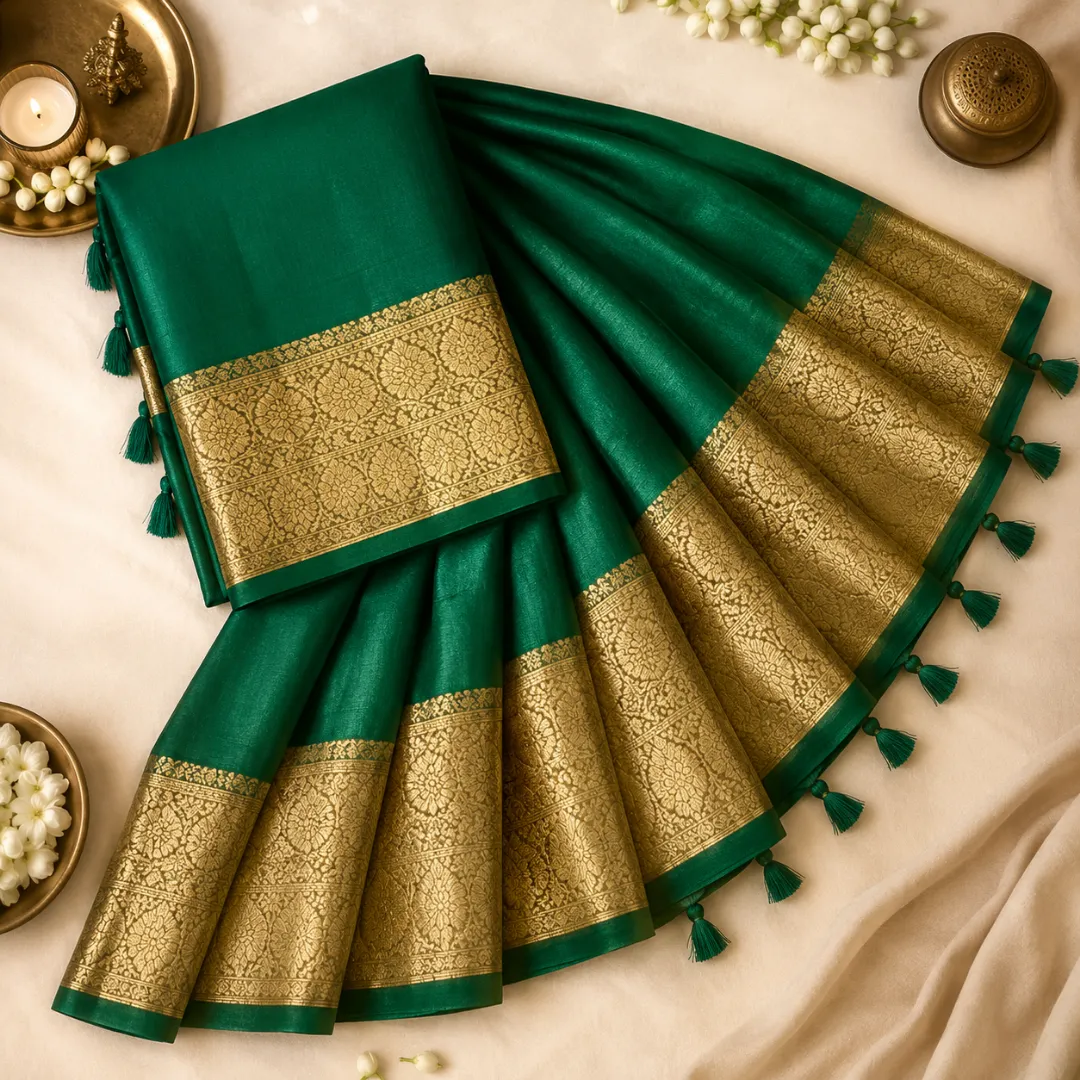 Handcrafted Dark Green Maslin Organza Saree with Golden Zari Border & Matching Blouse Piece – Free Size Elegance