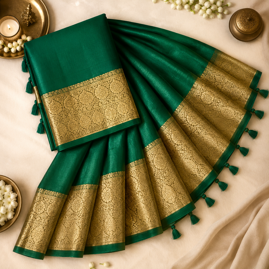 Handcrafted Dark Green Maslin Organza Saree with Golden Zari Border & Matching Blouse Piece – Free Size Elegance