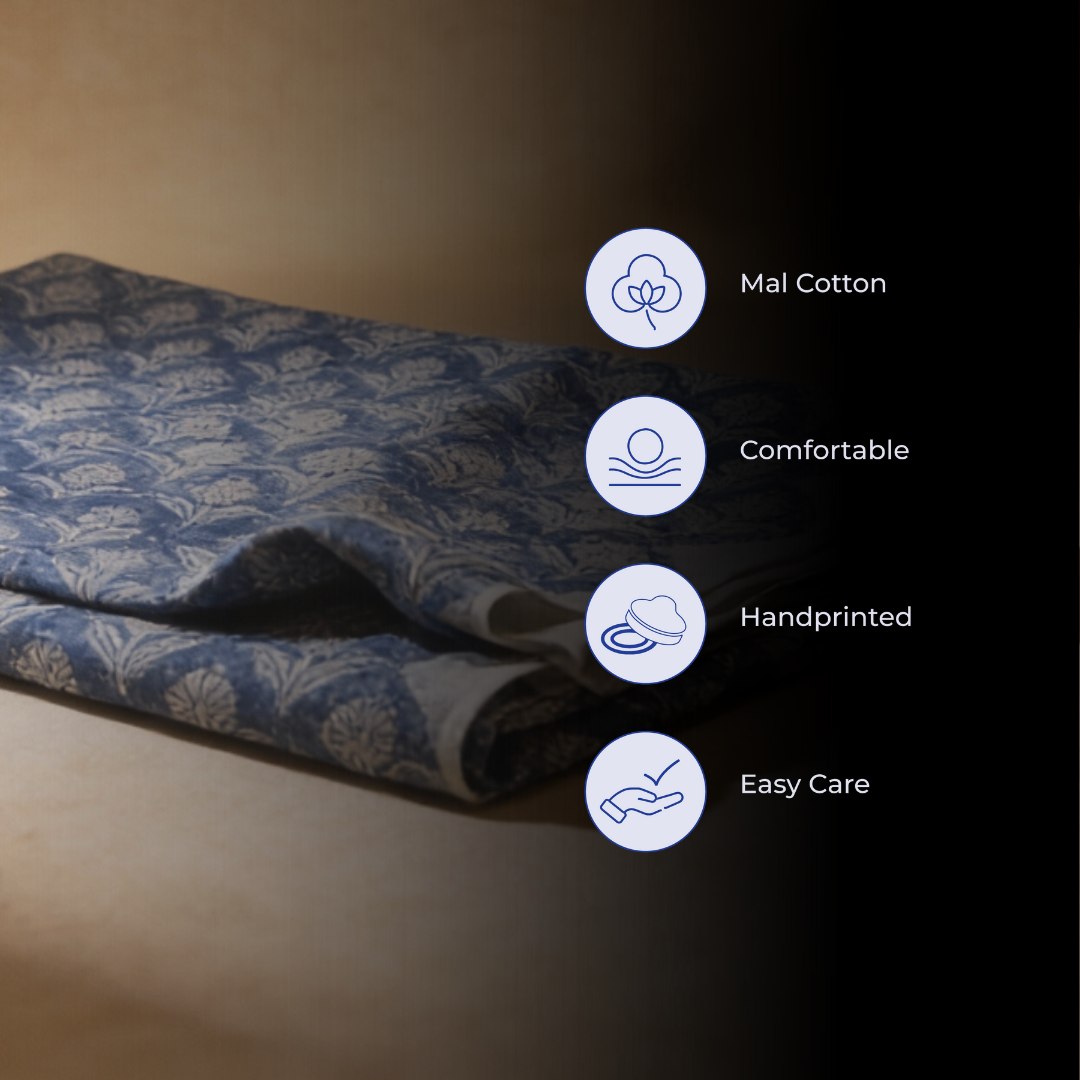 Single-Sided Block Printed Mal Cotton Fabric in Blue Lattice Floral Pattern