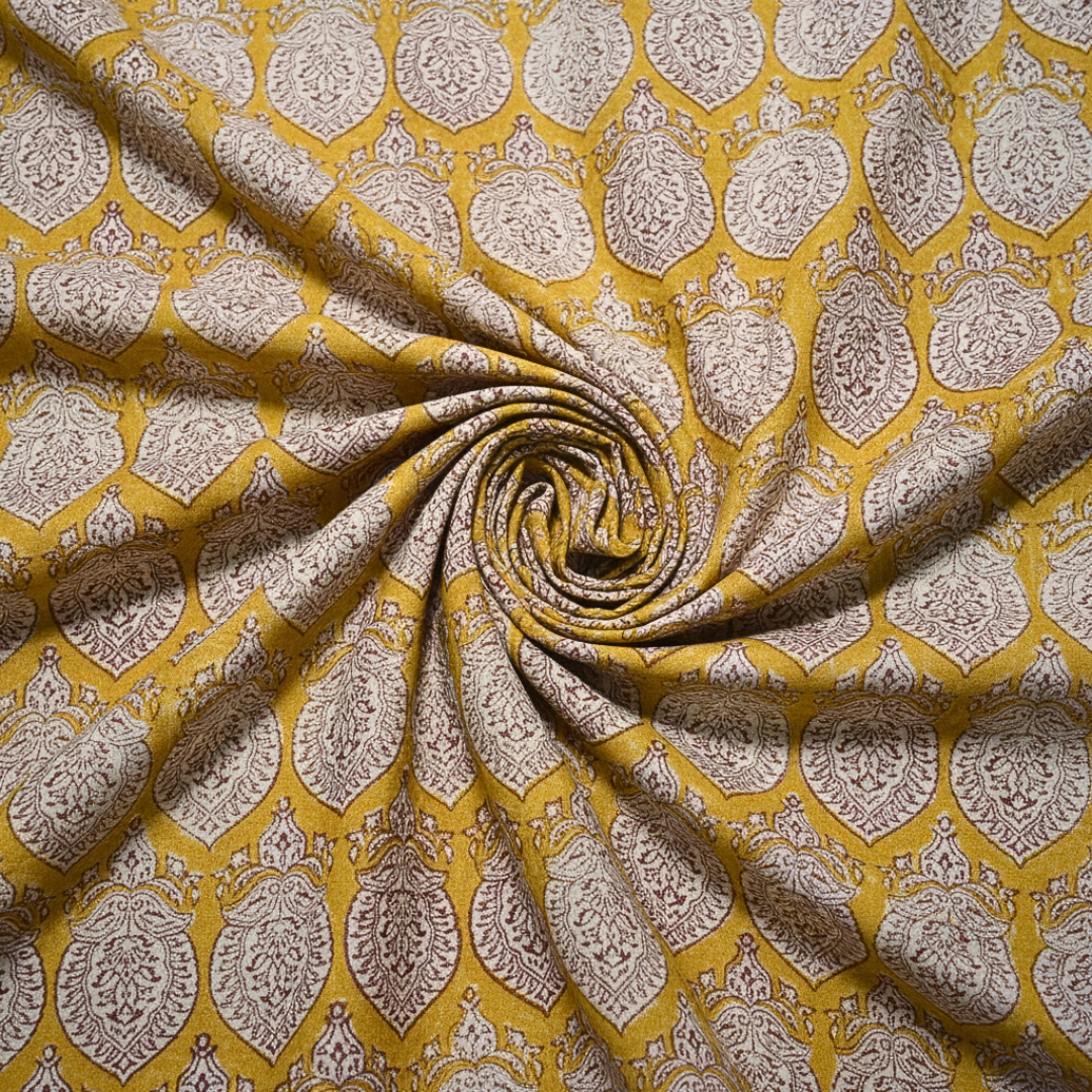 Single-Sided Block Printed Mal Cotton Fabric in Yellow Lattice Floral Pattern