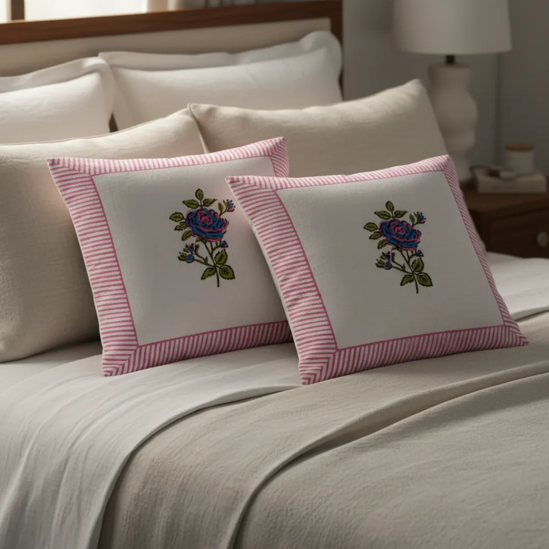 South Cotton Block Printed Cushion Covers with Central Floral Motif (Set of 2)