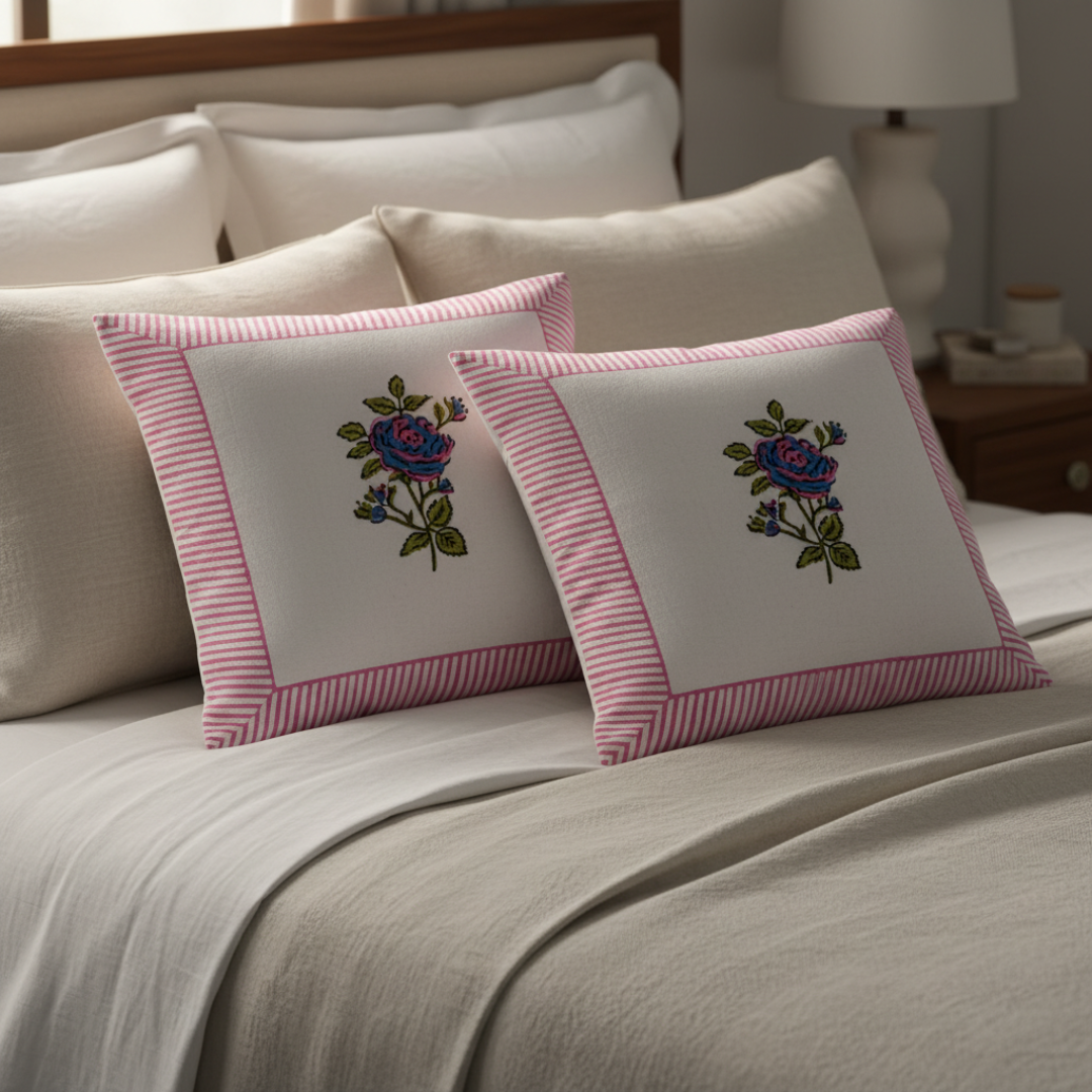 Block Printed South Cotton Cushion Covers with Floral Motif