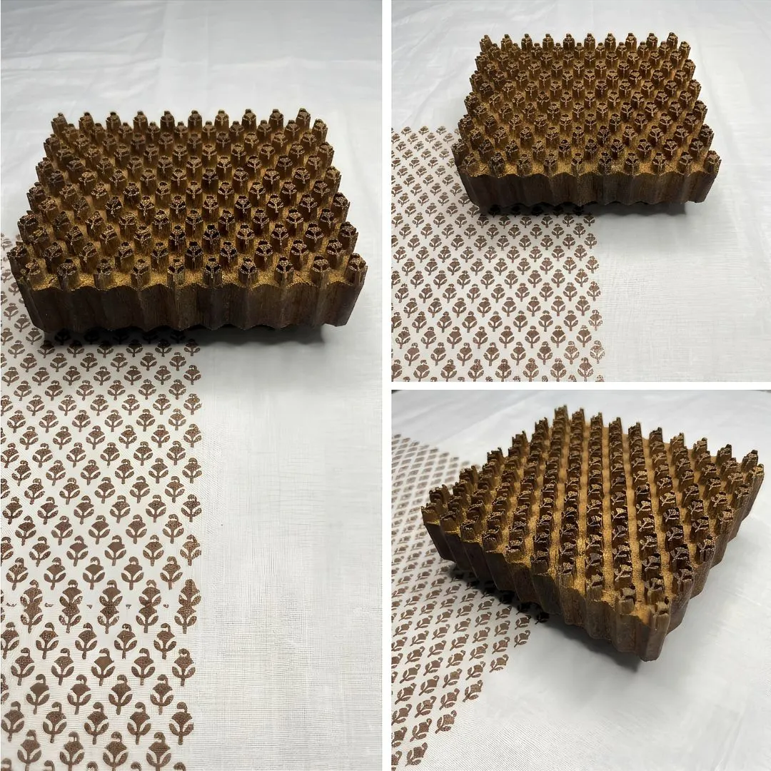 Sagwan Wood Hand-Carved Textile Printing Block with Geometric Floral Pattern