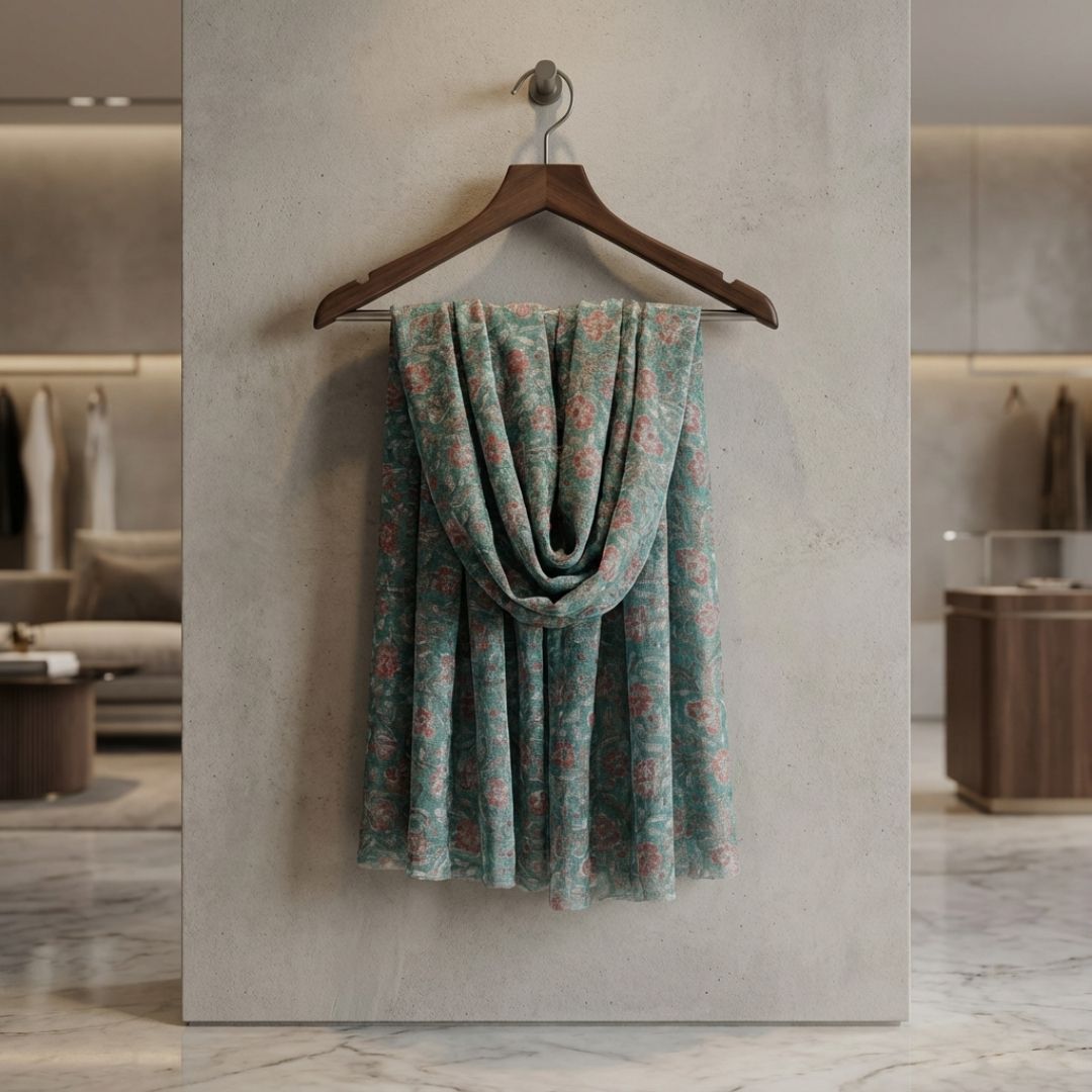 Hand Block Printed Kota Doriya Dupatta in Teal Floral Pattern