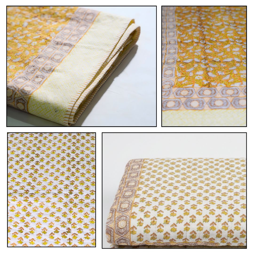 Single Double-Sided Block Printed Cotton Comforter in Yellow Floral Pattern