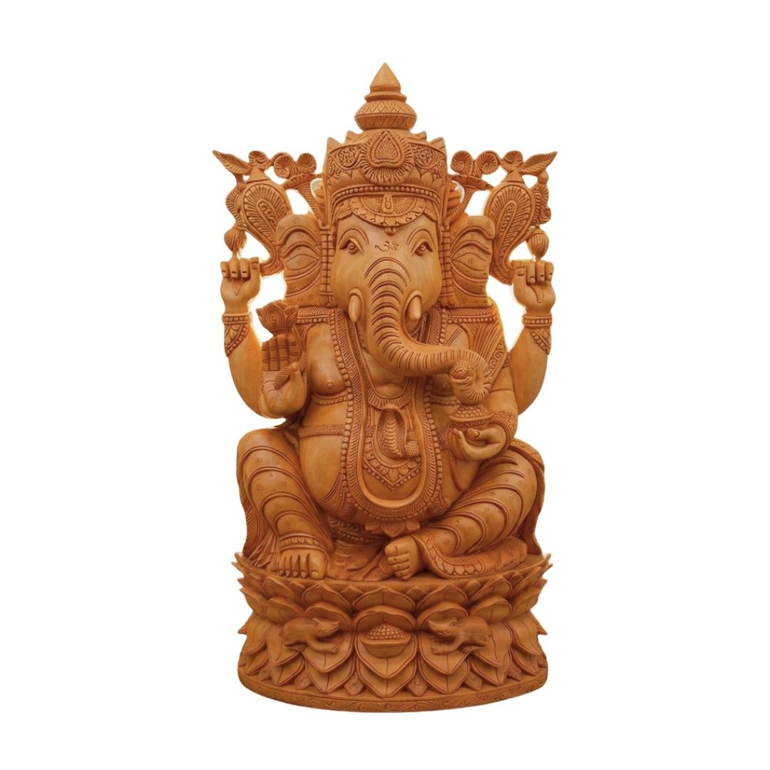 Handcrafted Wooden Lord Ganesha Sculpture with Heavy Detailed Carving