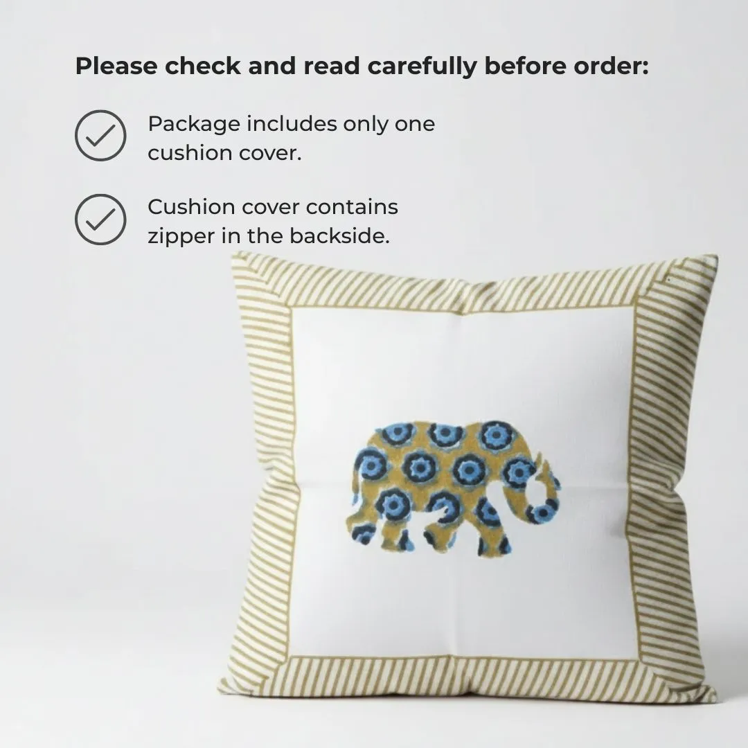 Hand Block Printed Cotton Cushion Covers with Central Elephant Motif (Set of 2)