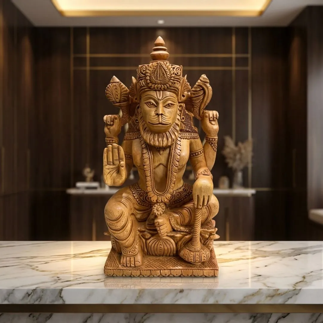 Lord Narasimha Sandalwood Sculpture with Intricate Hand Carving