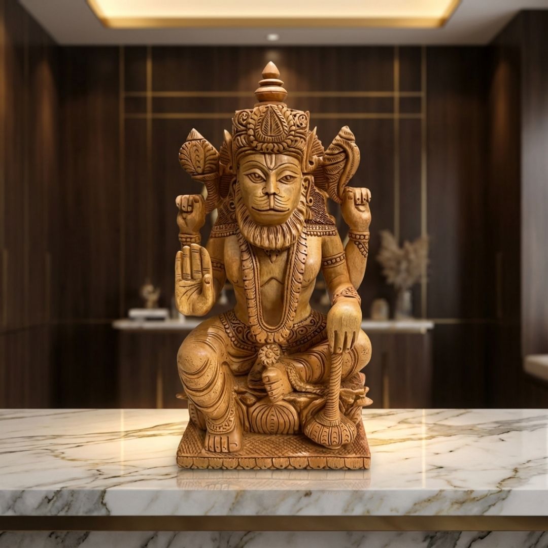 Lord Narasimha Sandalwood Sculpture with Intricate Hand Carving