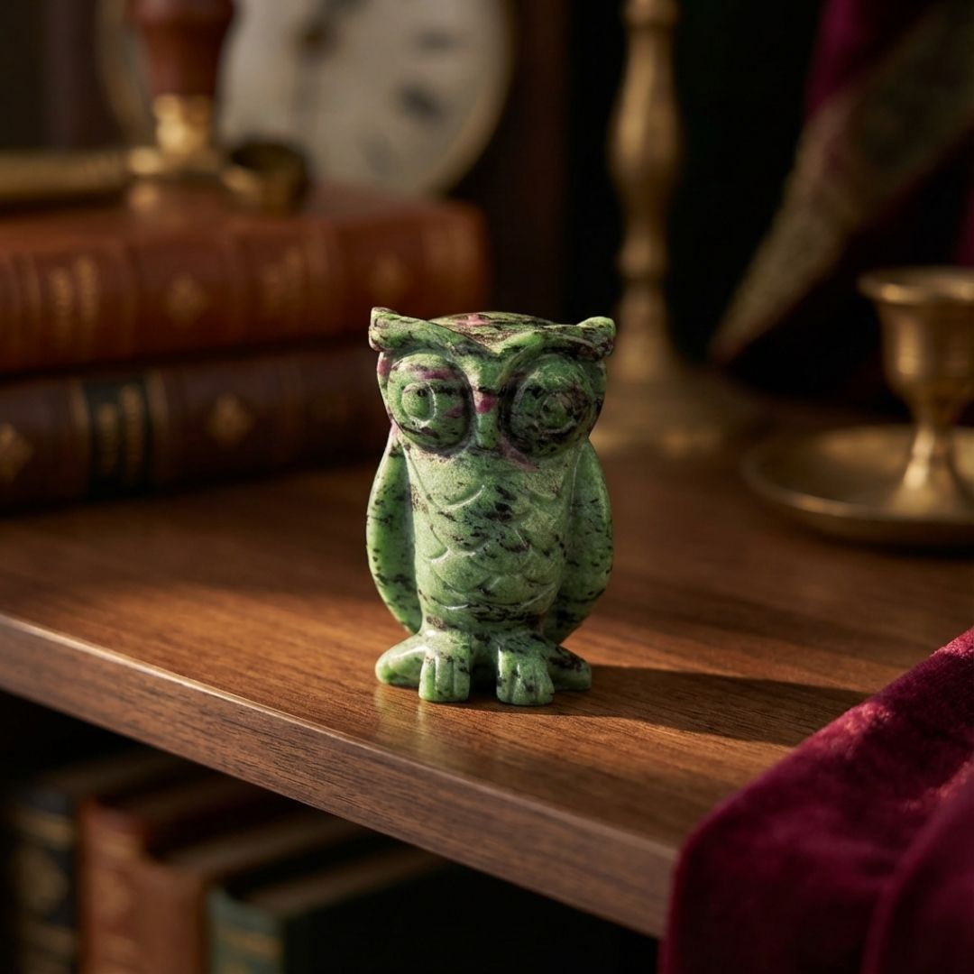 Handcrafted Zoisite Owl Sculpture in Natural Stone