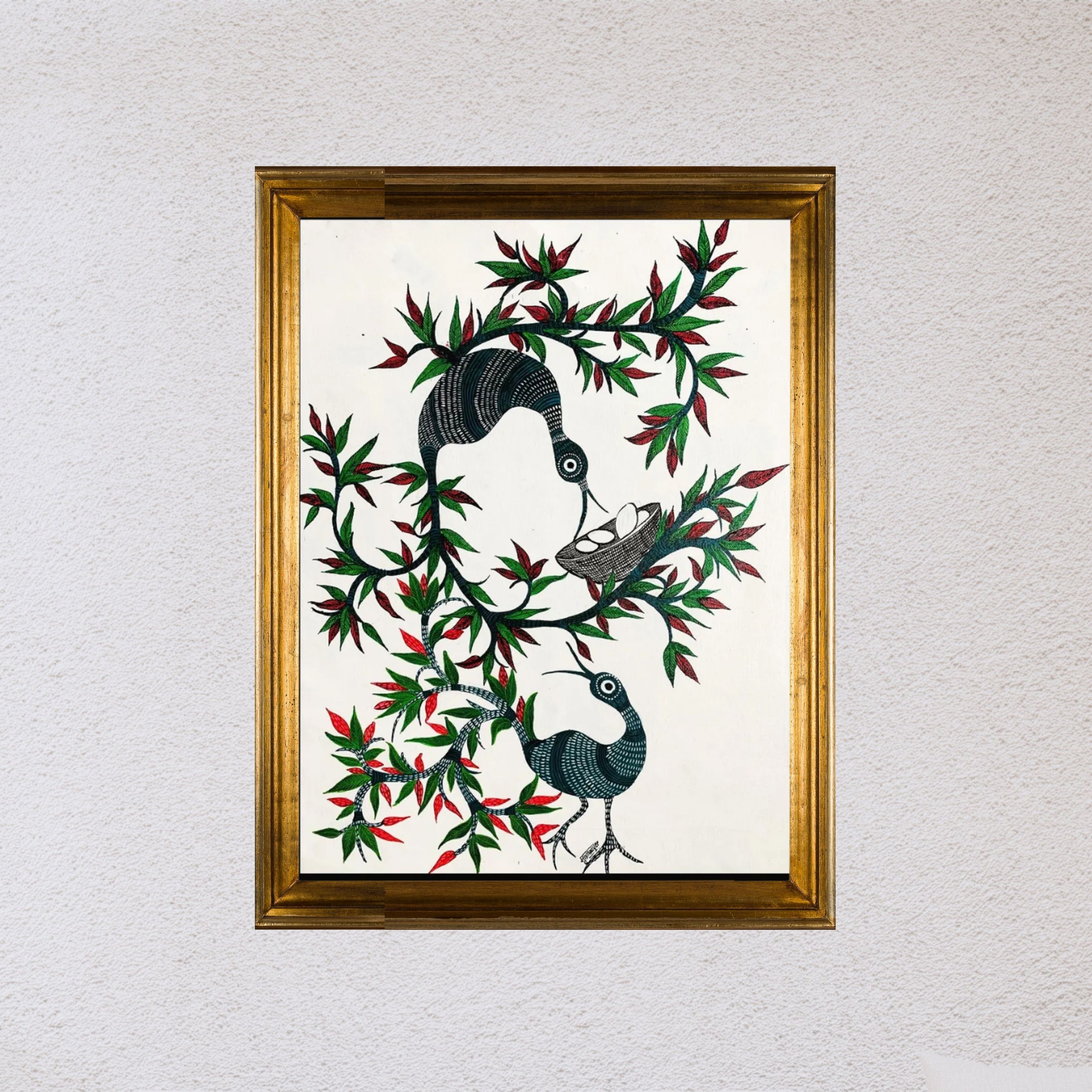 Whispers of the Forest: Gond Bird Handpainted Wall Art
