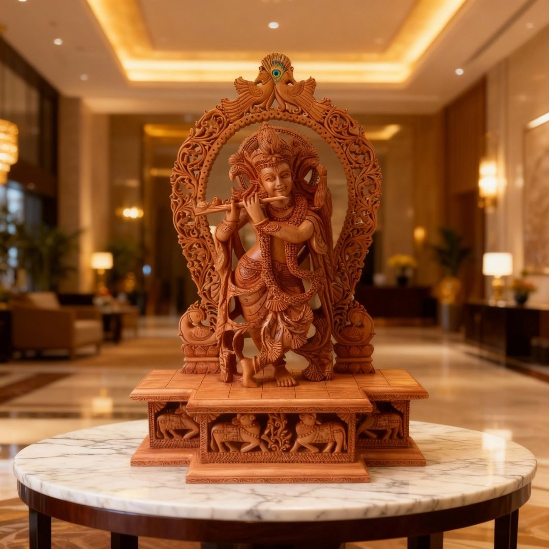 Lord Krishna Standing with Flute on Lotus Base and Peacock Arch Sculpture
