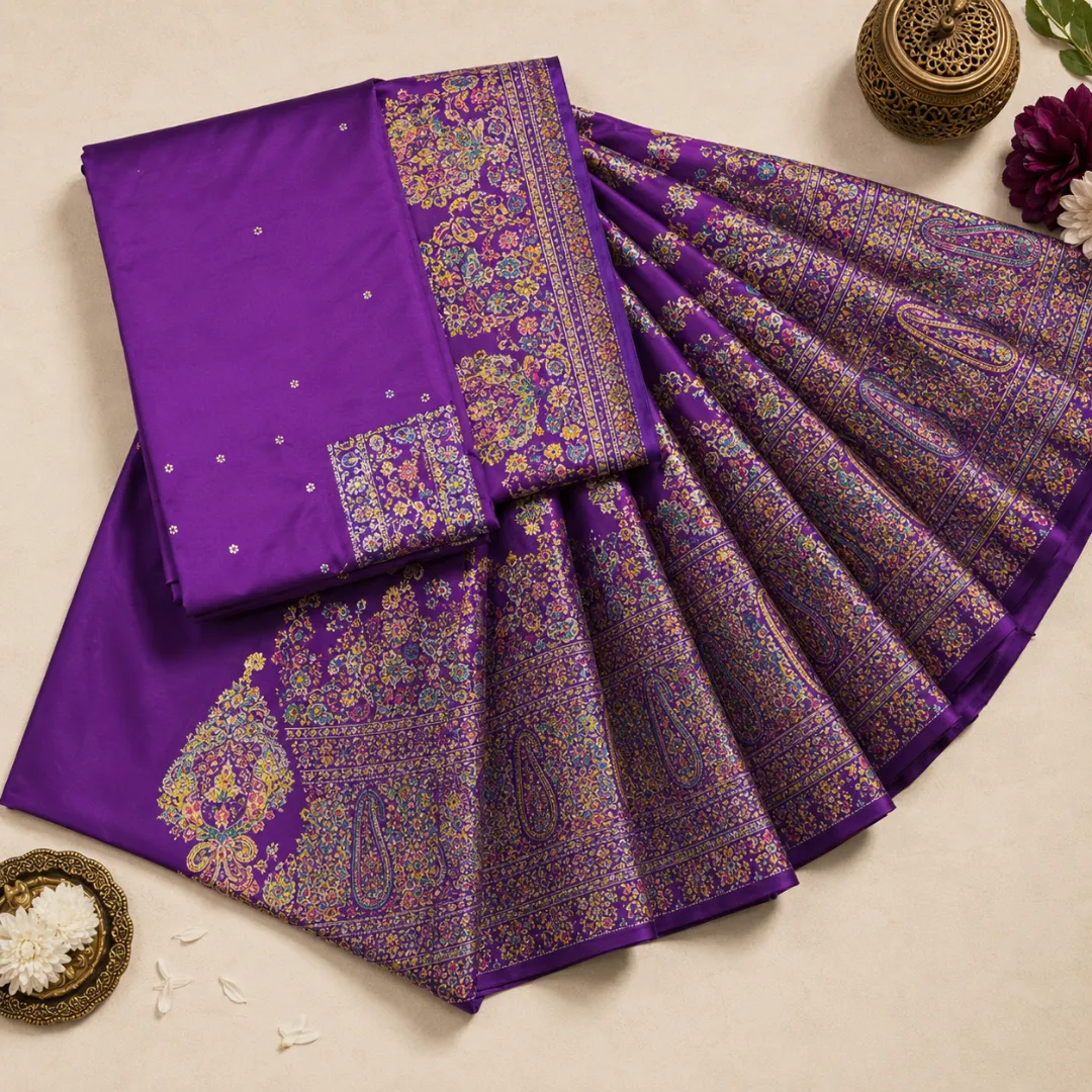 Festive Kashmiri Handwoven Royal Purple Pashmina Silk Saree with Blouse Piece