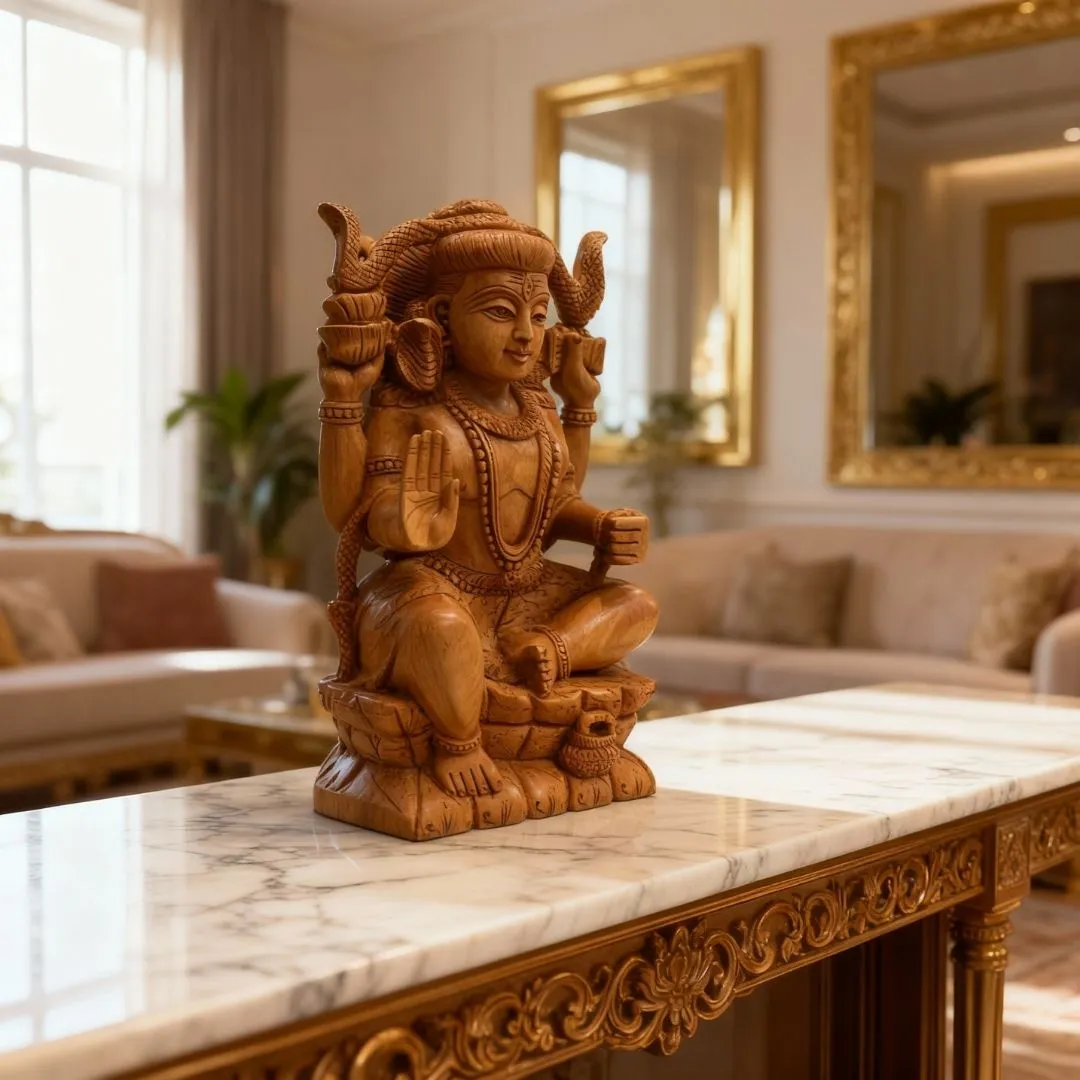 Handcrafted Lord Shiva Sculpture Sitting with Snake and Damru in Fine Wood Carving