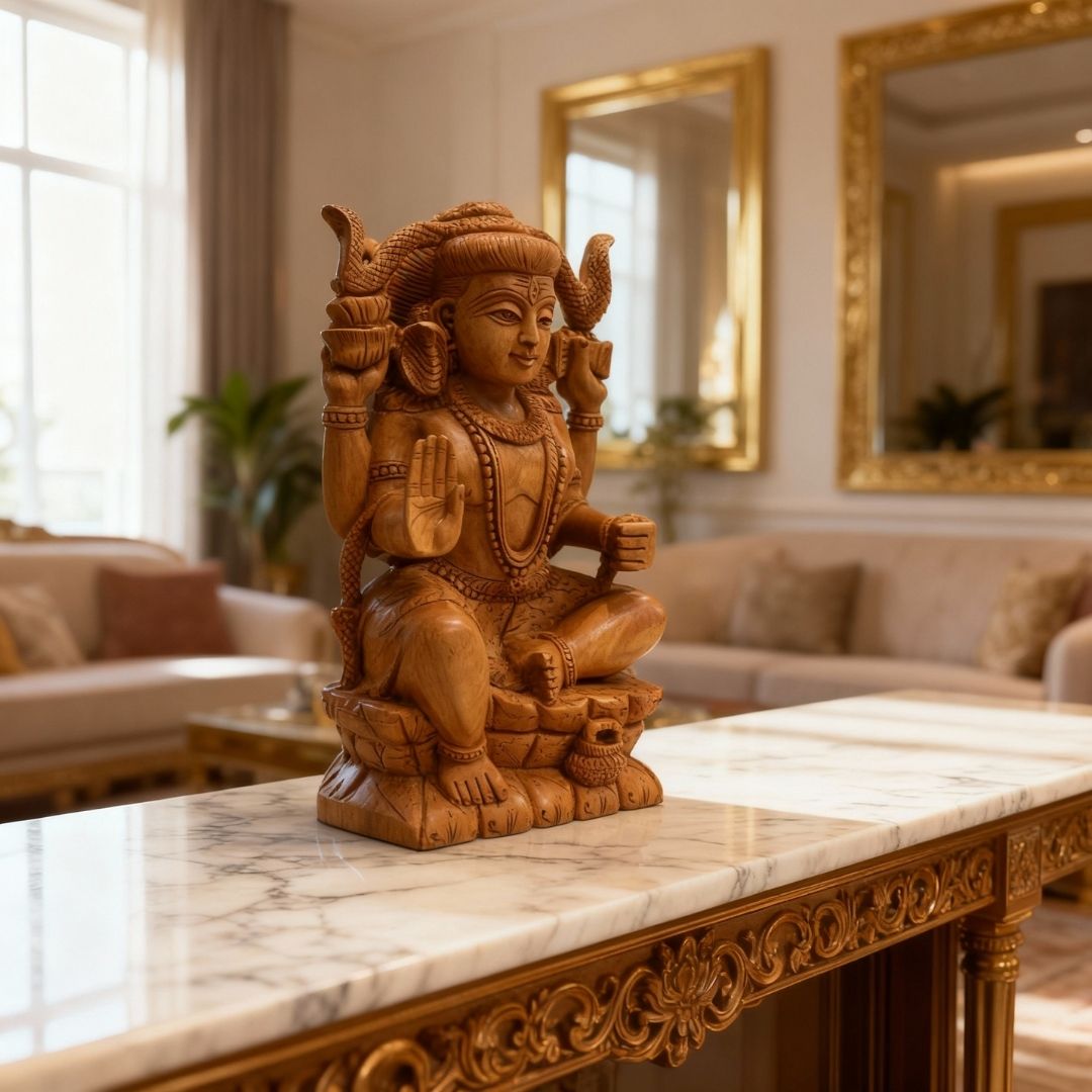 Handcrafted Lord Shiva Sculpture Sitting with Snake and Damru in Fine Wood Carving