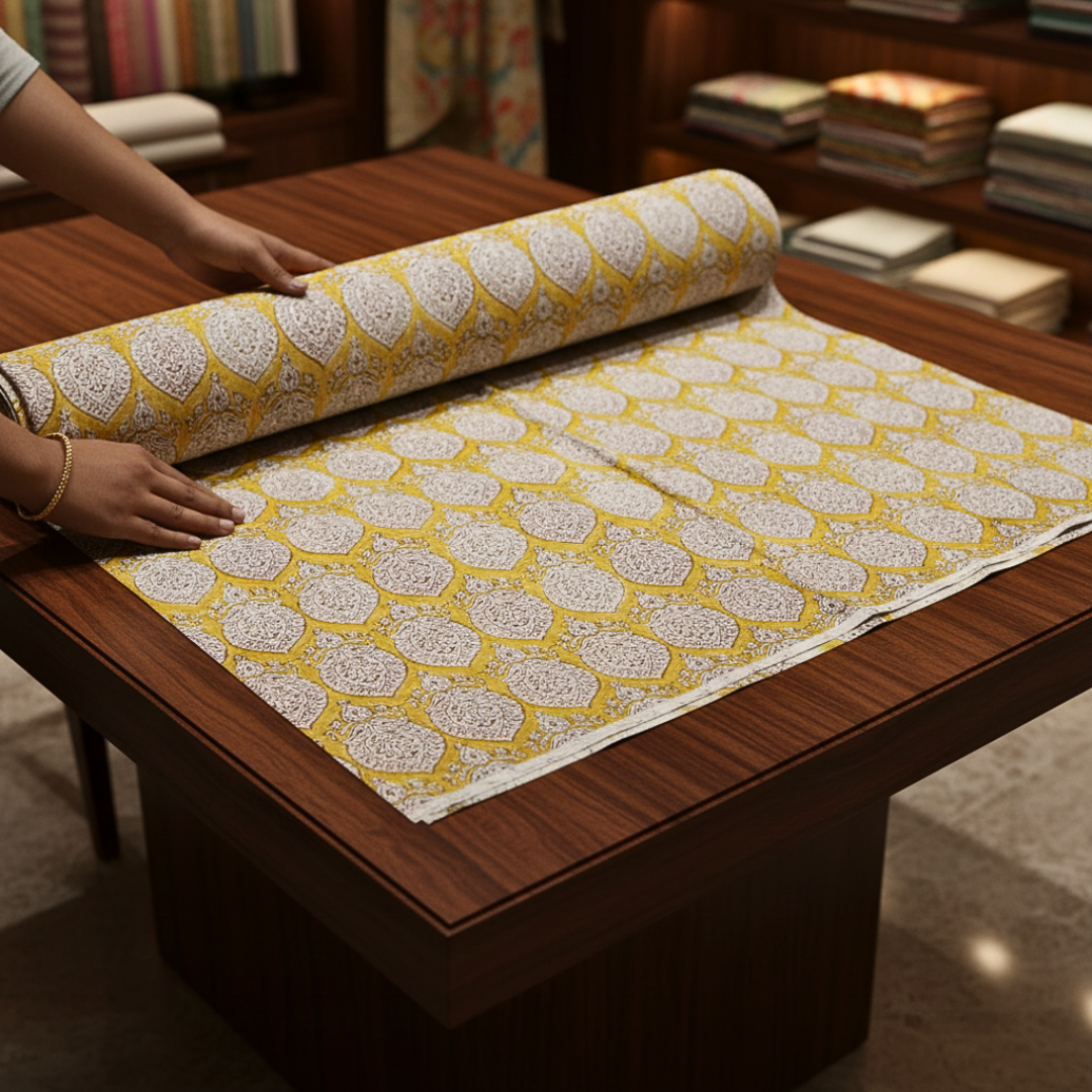 Single-Sided Block Printed Mal Cotton Fabric in Yellow Lattice Floral Pattern