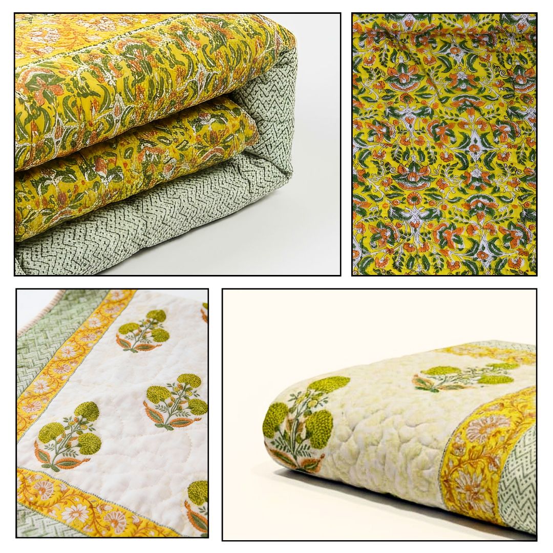 Single Double-Sided Block Printed Cotton Comforter in Yellow Green Floral Pattern