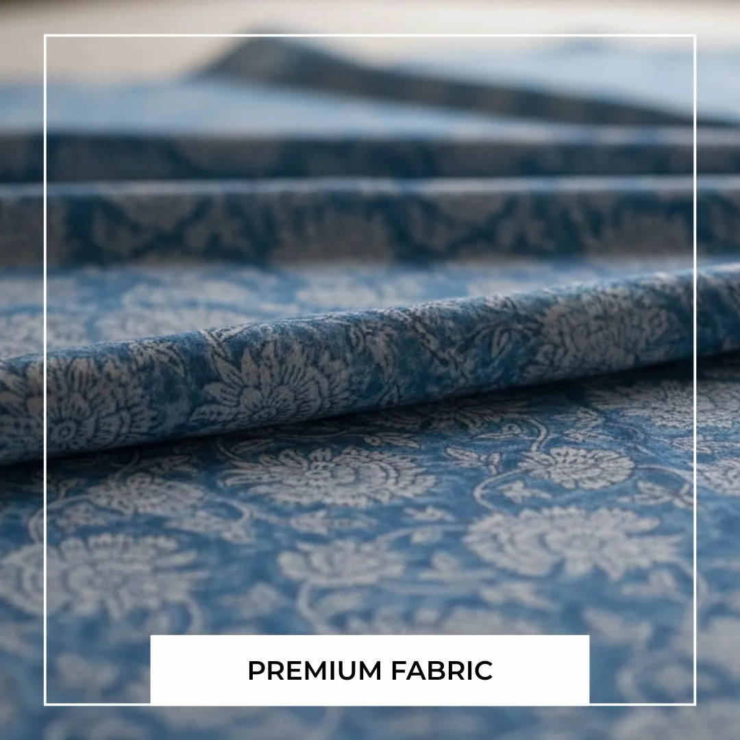 Single-Sided Hand Block Printed Mal Cotton Fabric – Blue Floral Motif | Sold Per Meter