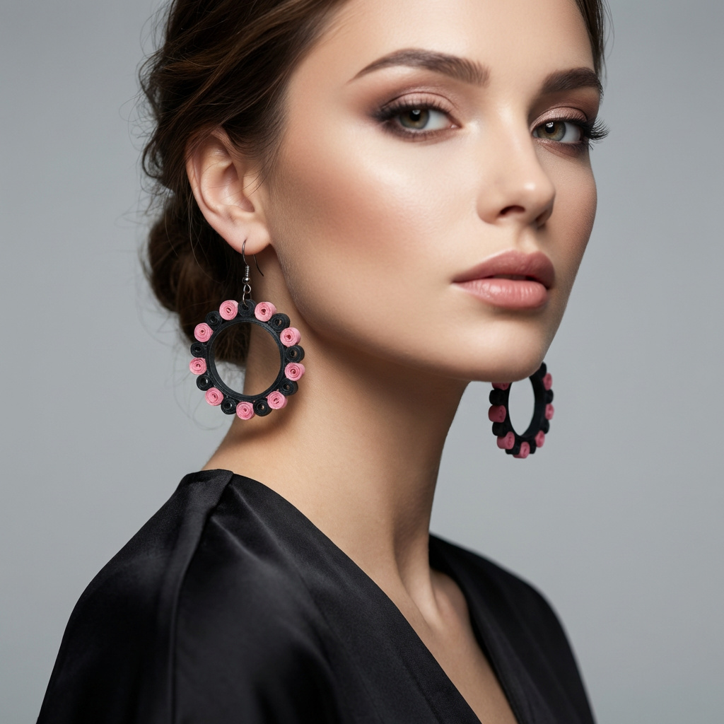   “Midnight Bloom Hoops” – Handmade Paper Quilling Earrings