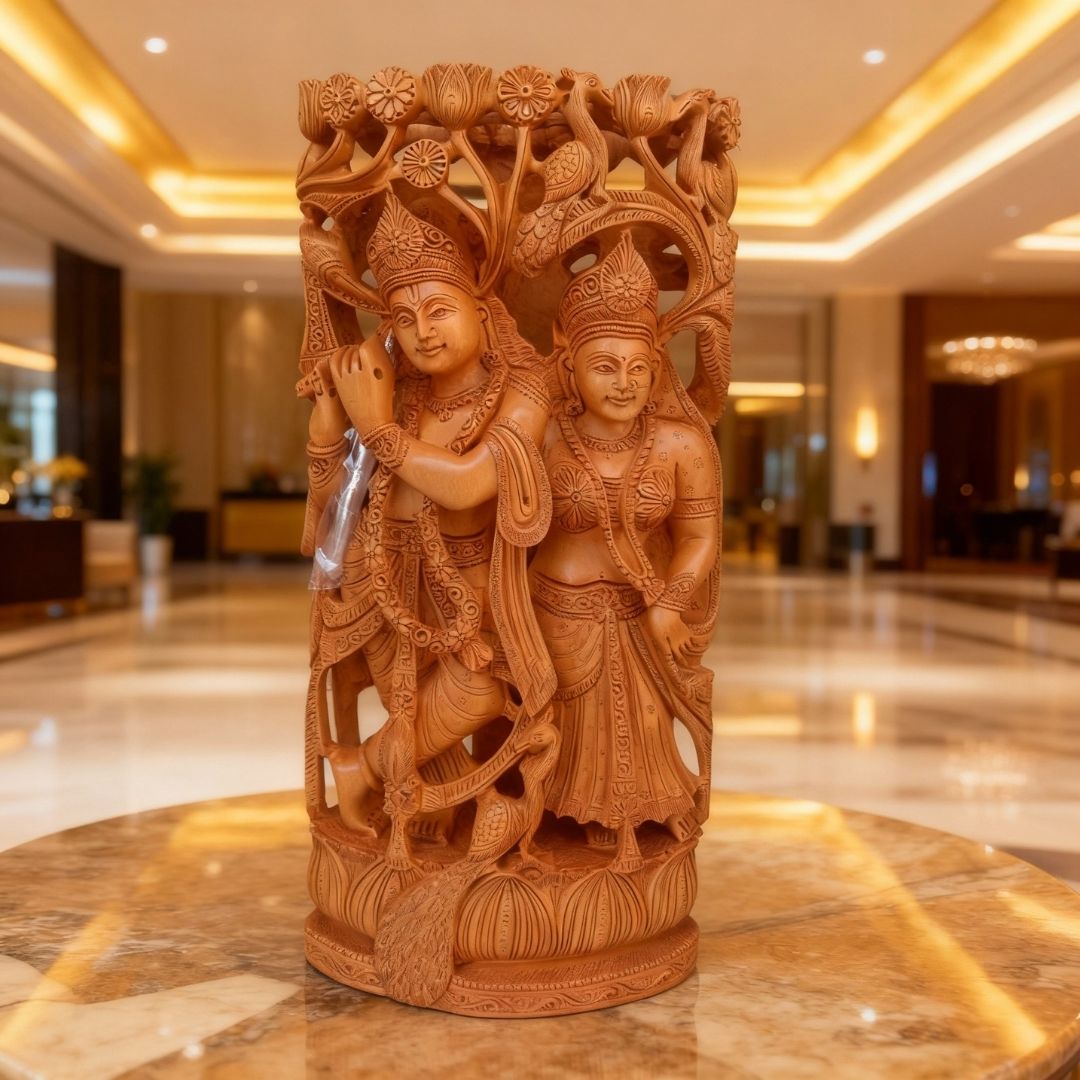 Radha Krishna Under Tree Sculpture with Peacock and Cow Carving in Sandalwood