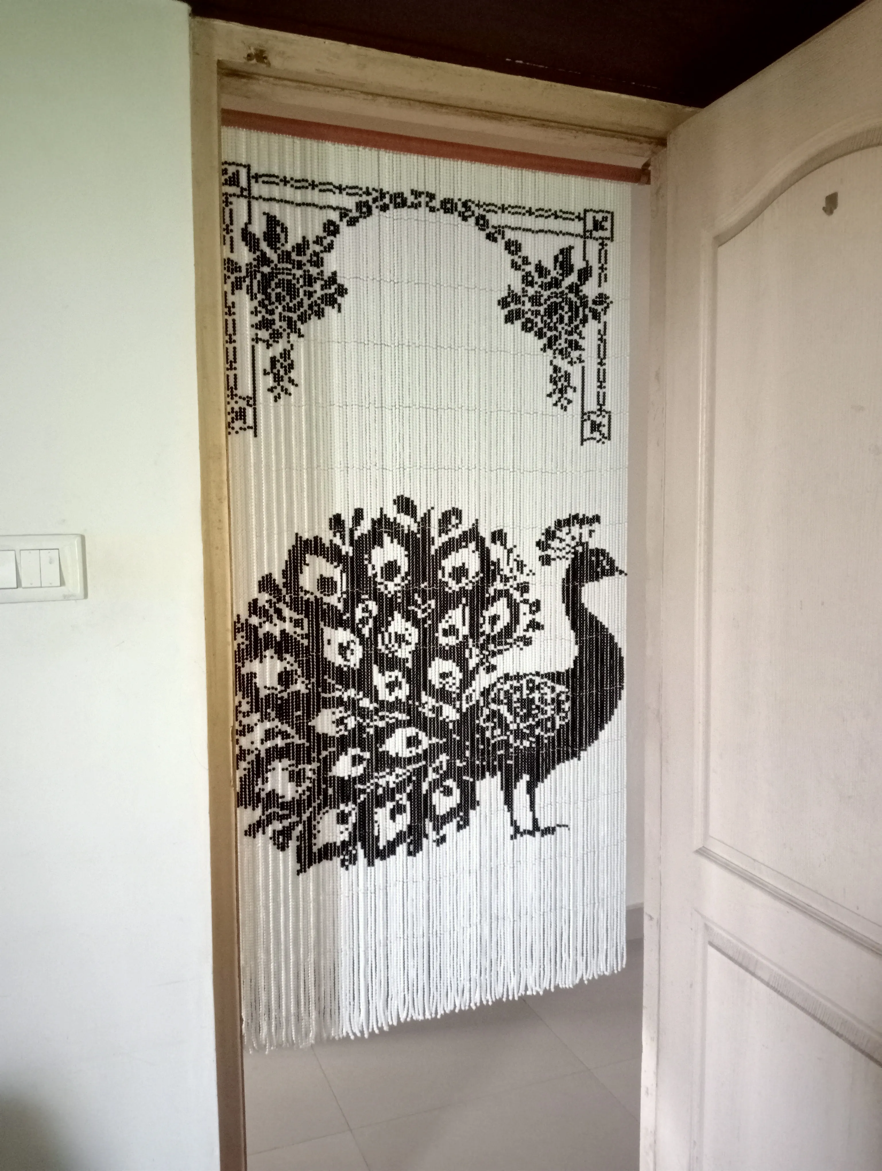Handcrafted Pixel Glass Bead Curtain - Peacock Design - Featuring 37,700 Black and White Glass Beads