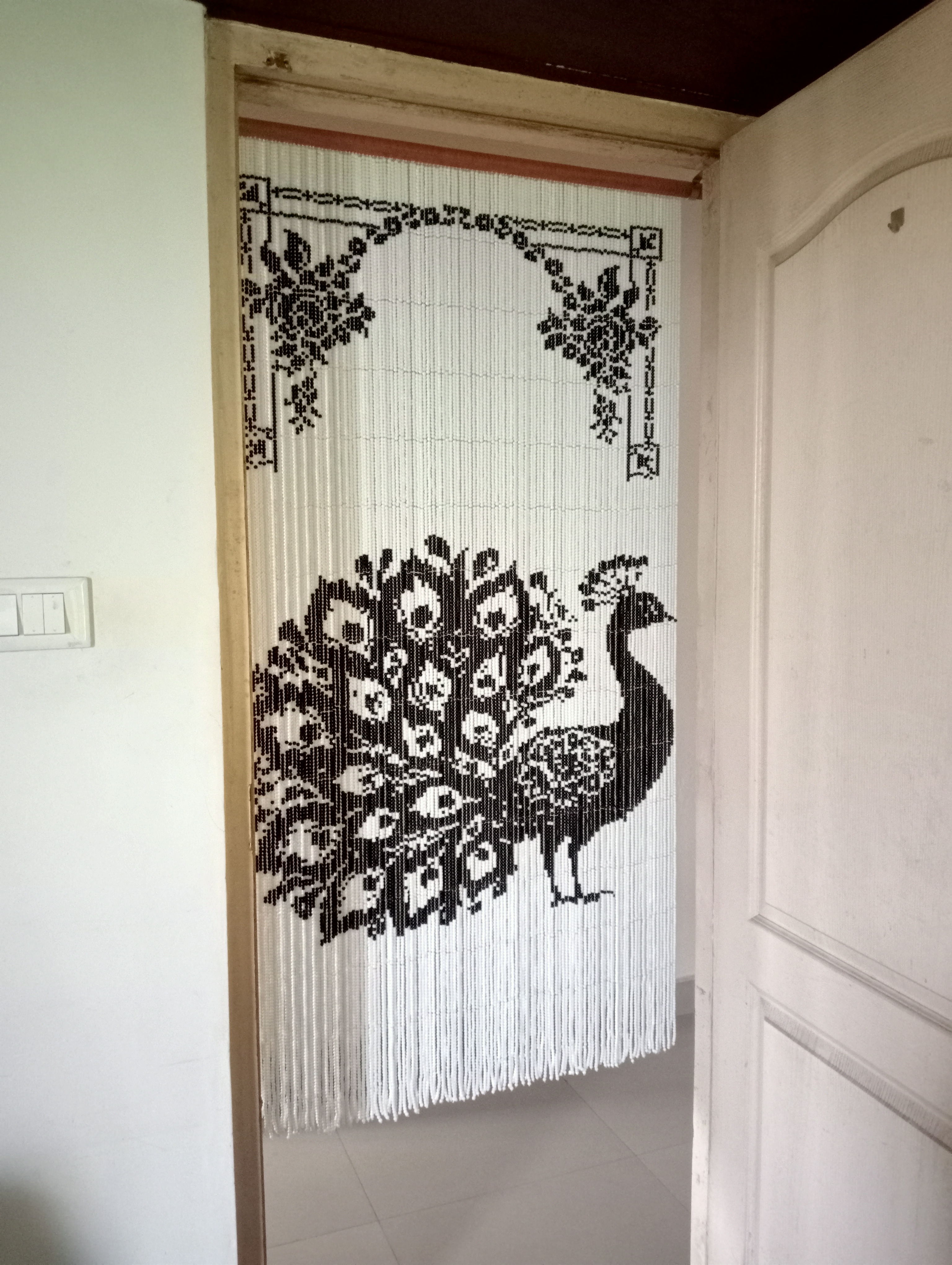 Handcrafted Pixel Glass Bead Curtain - Peacock Design - Featuring 37,700 Black and White Glass Beads