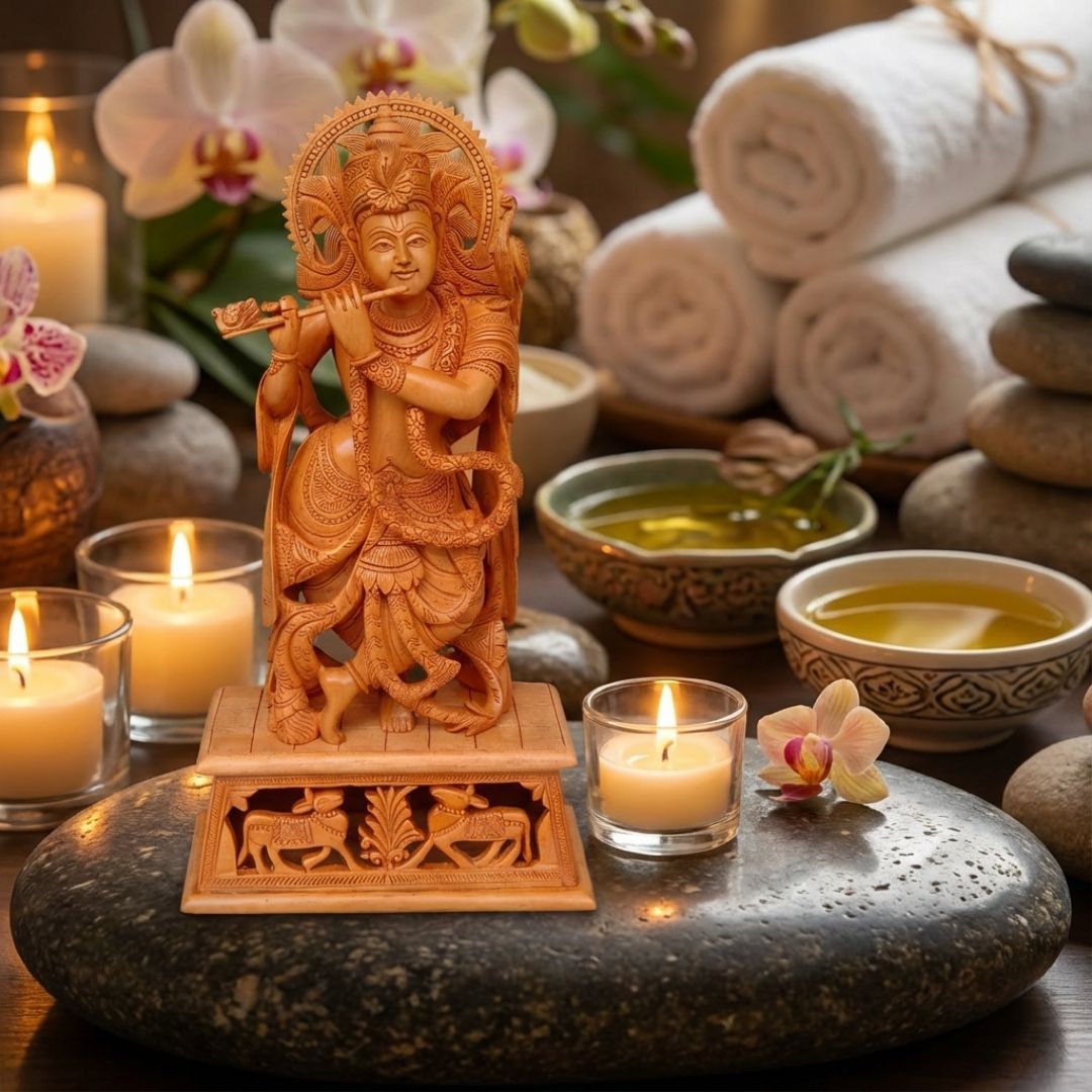 Lord Krishna Wooden Sculpture Standing with Flute Cow and Peacock Base Carving