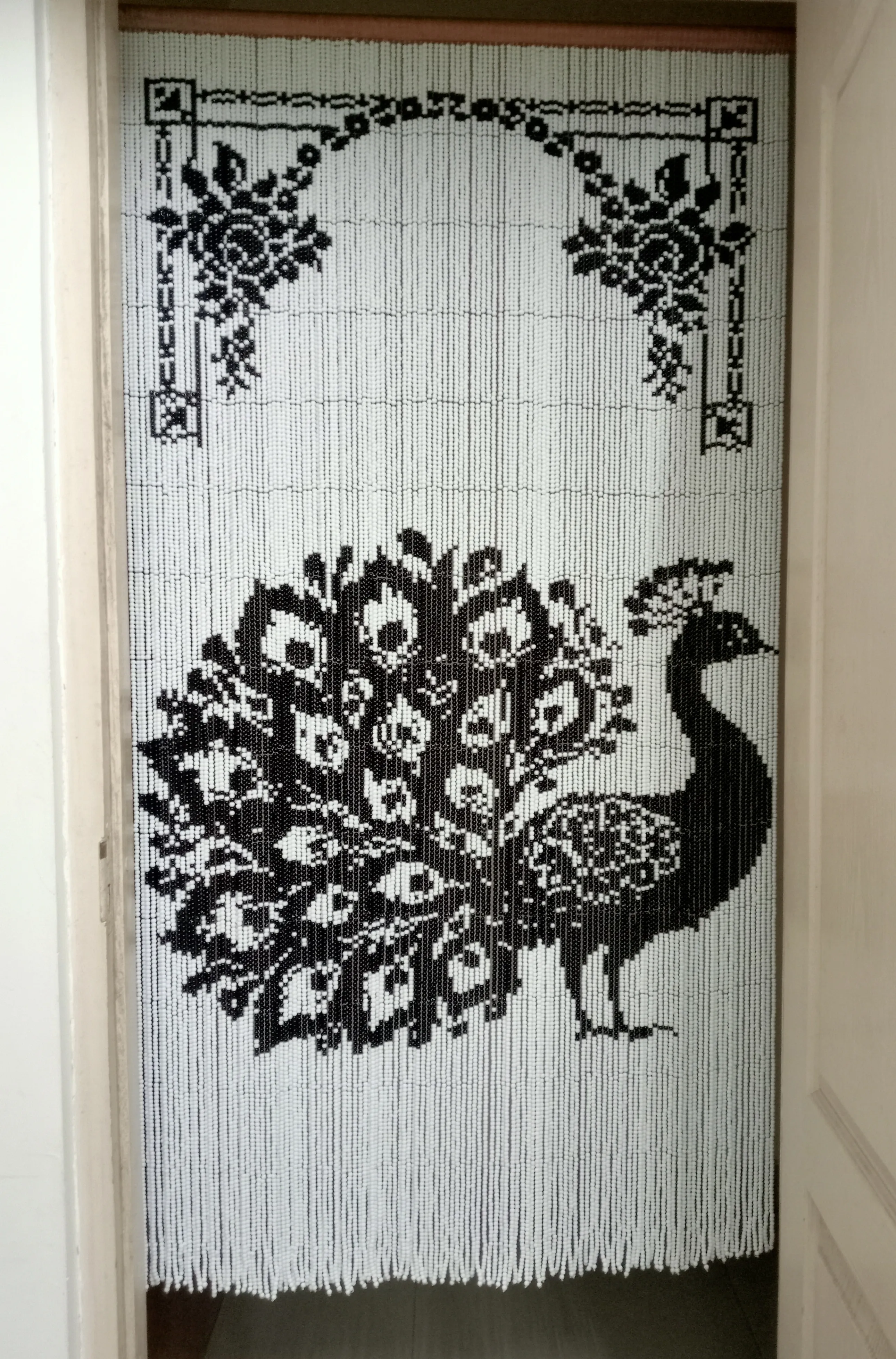 Handcrafted Pixel Glass Bead Curtain - Peacock Design - Featuring 37,700 Black and White Glass Beads