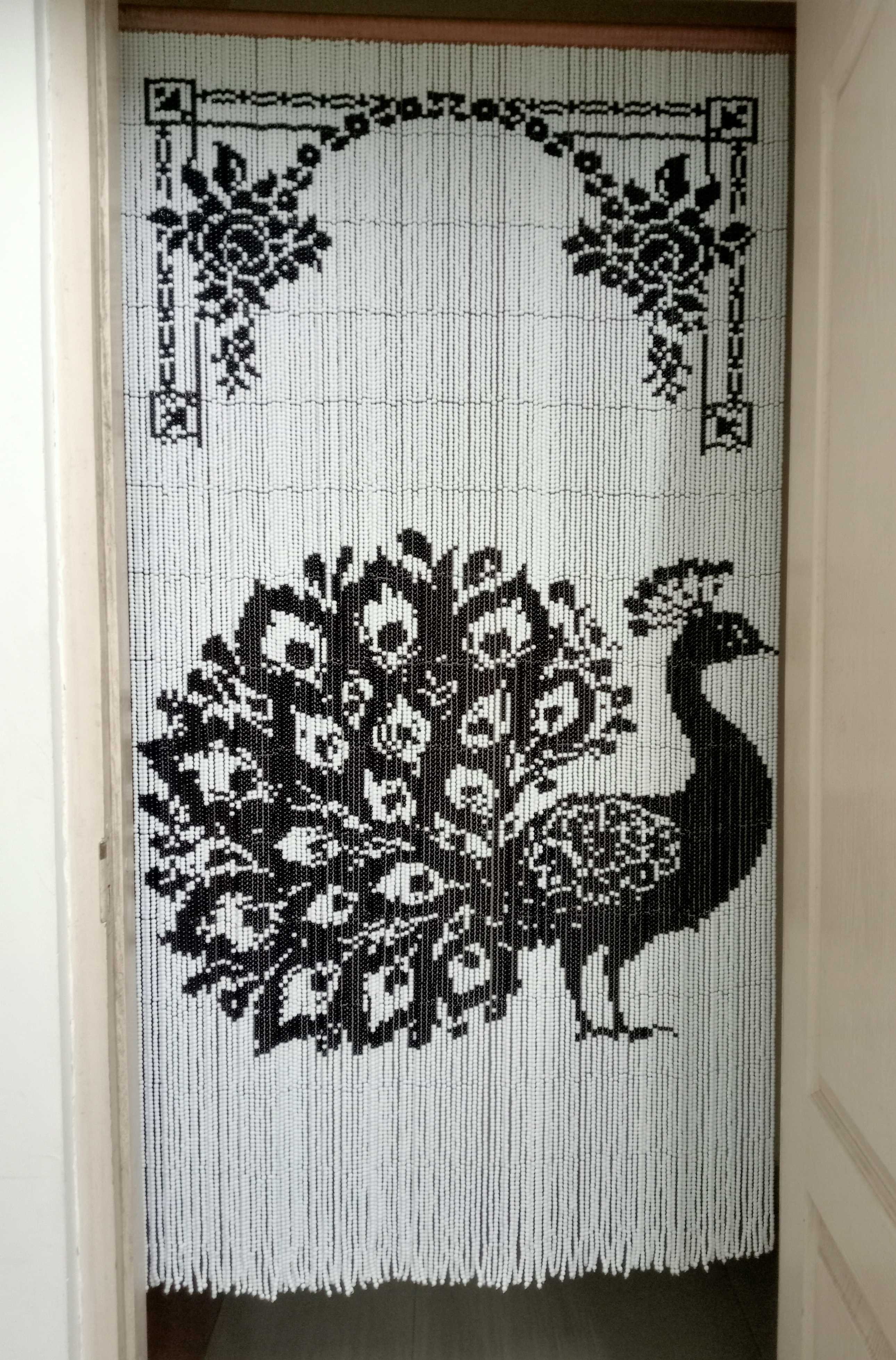 Handcrafted Pixel Glass Bead Curtain - Peacock Design - Featuring 37,700 Black and White Glass Beads