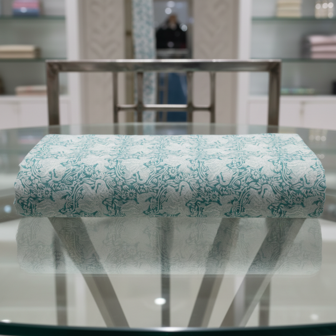 Single-Sided Block Printed Mal Cotton Fabric in Soft Green Floral Pattern