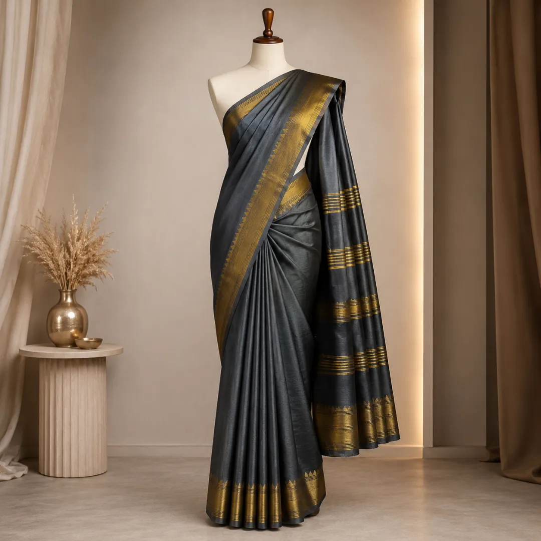 Graceful Handcrafted Charcoal Gray Mangalgiri Saree in Bapta Tussar Silk with Gold Zari Border