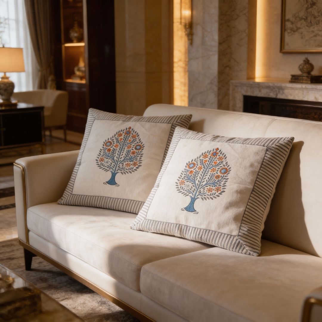 Block Printed South Cotton Cushion Cover with Central Floral Motif 