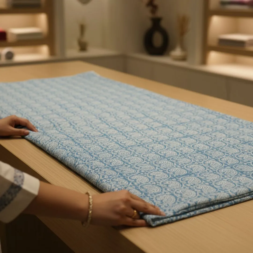 Single-Sided Hand Block Printed Mal Cotton Fabric – Blue Check | Sold Per Meter