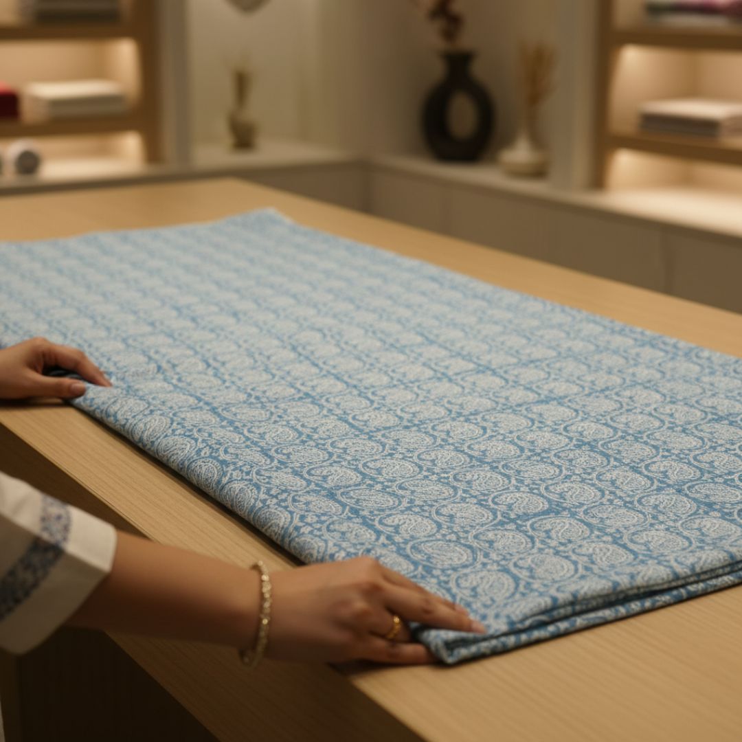 Single-Sided Block Printed Cotton Fabric in Blue Check Pattern
