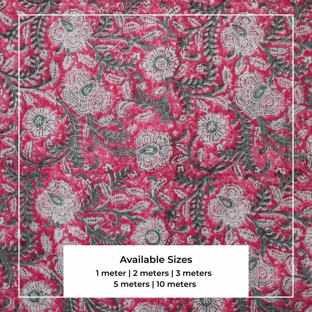 Single-Sided Hand Block Printed Mal Cotton Fabric – Red Floral | Sold Per Meter