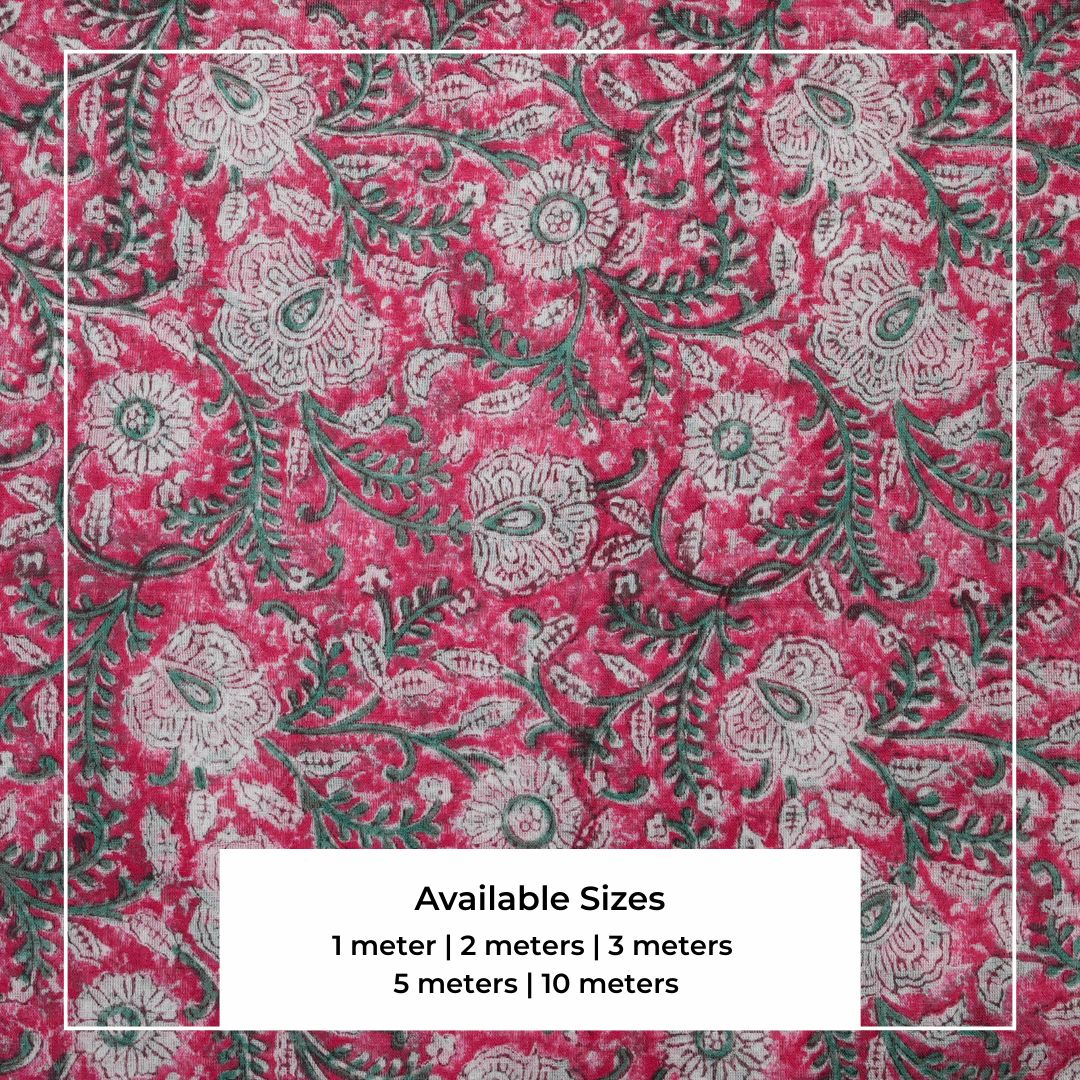 Single-Sided Block Printed Cotton Fabric in Red Floral Pattern