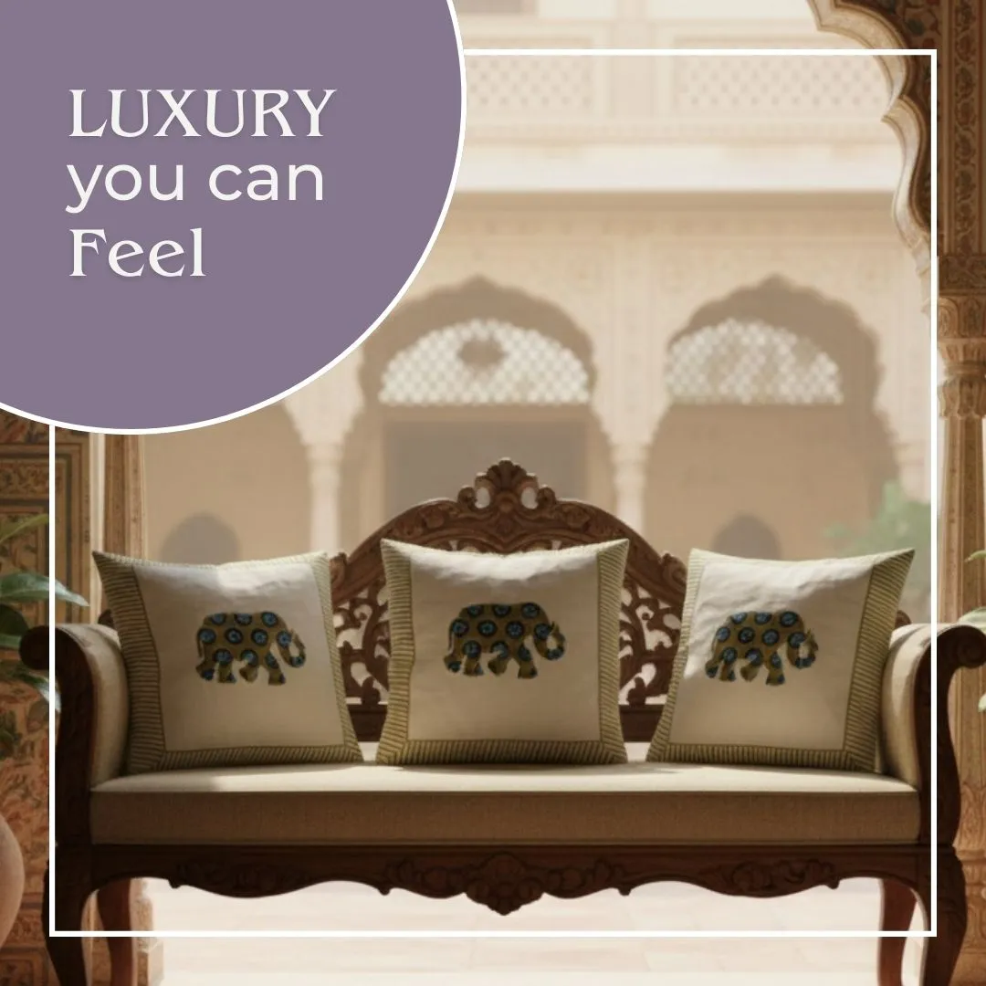 Hand Block Printed Cotton Cushion Covers with Central Elephant Motif (Set of 2)