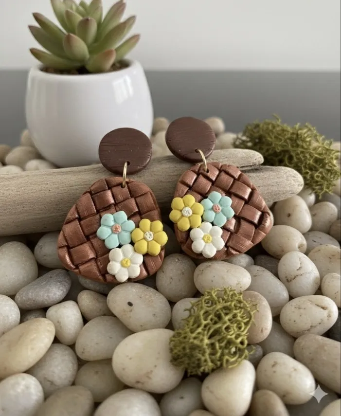 Hand-Textured Chocolate Basket & Blossom Clay Earrings