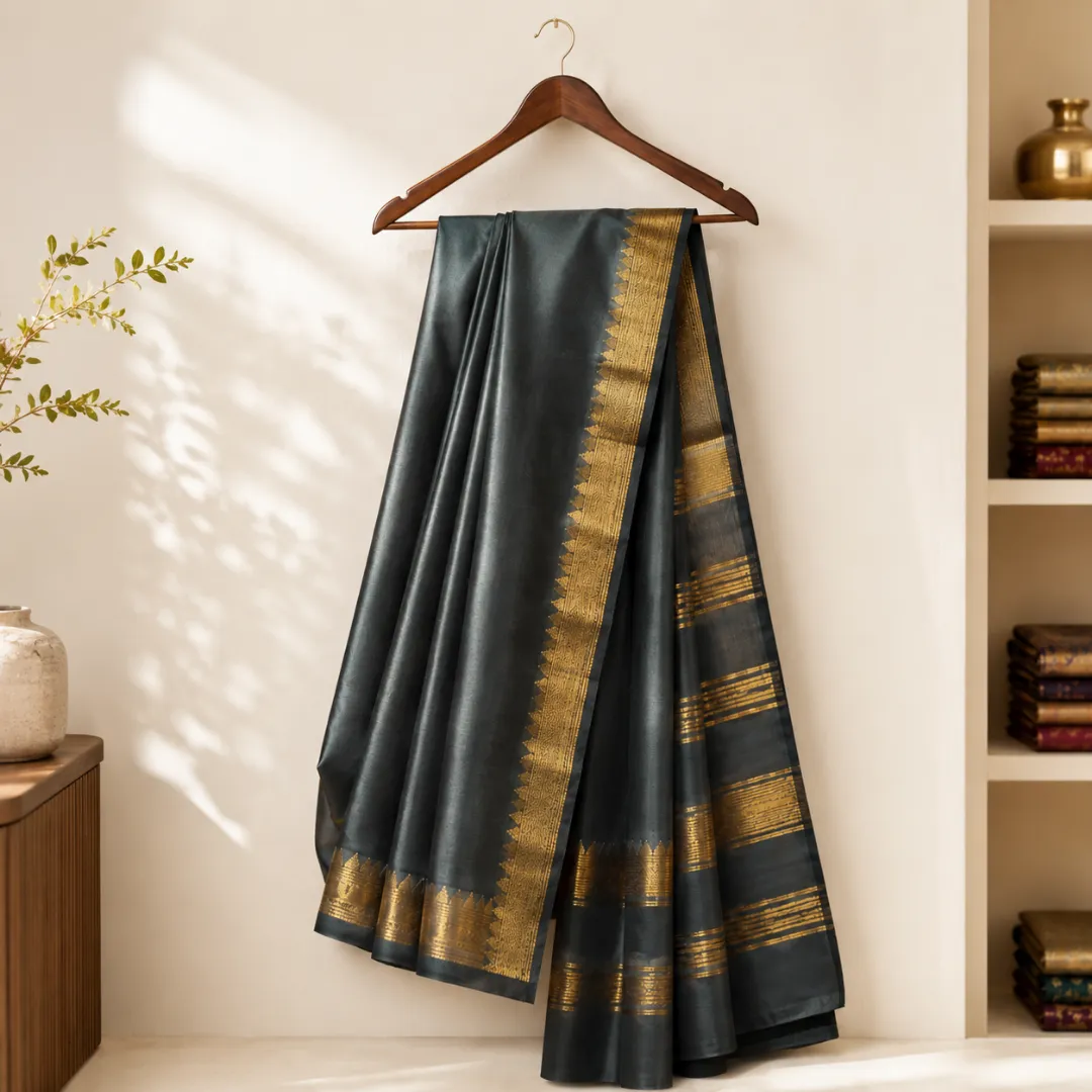 Graceful Handcrafted Charcoal Gray Mangalgiri Saree in Bapta Tussar Silk with Gold Zari Border