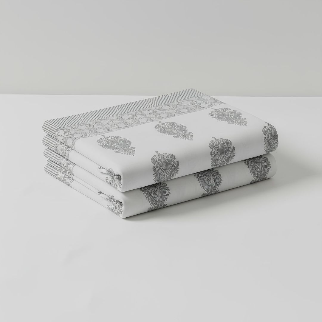 Single-Sided Block Printed Double Bedsheet in Grey Motif