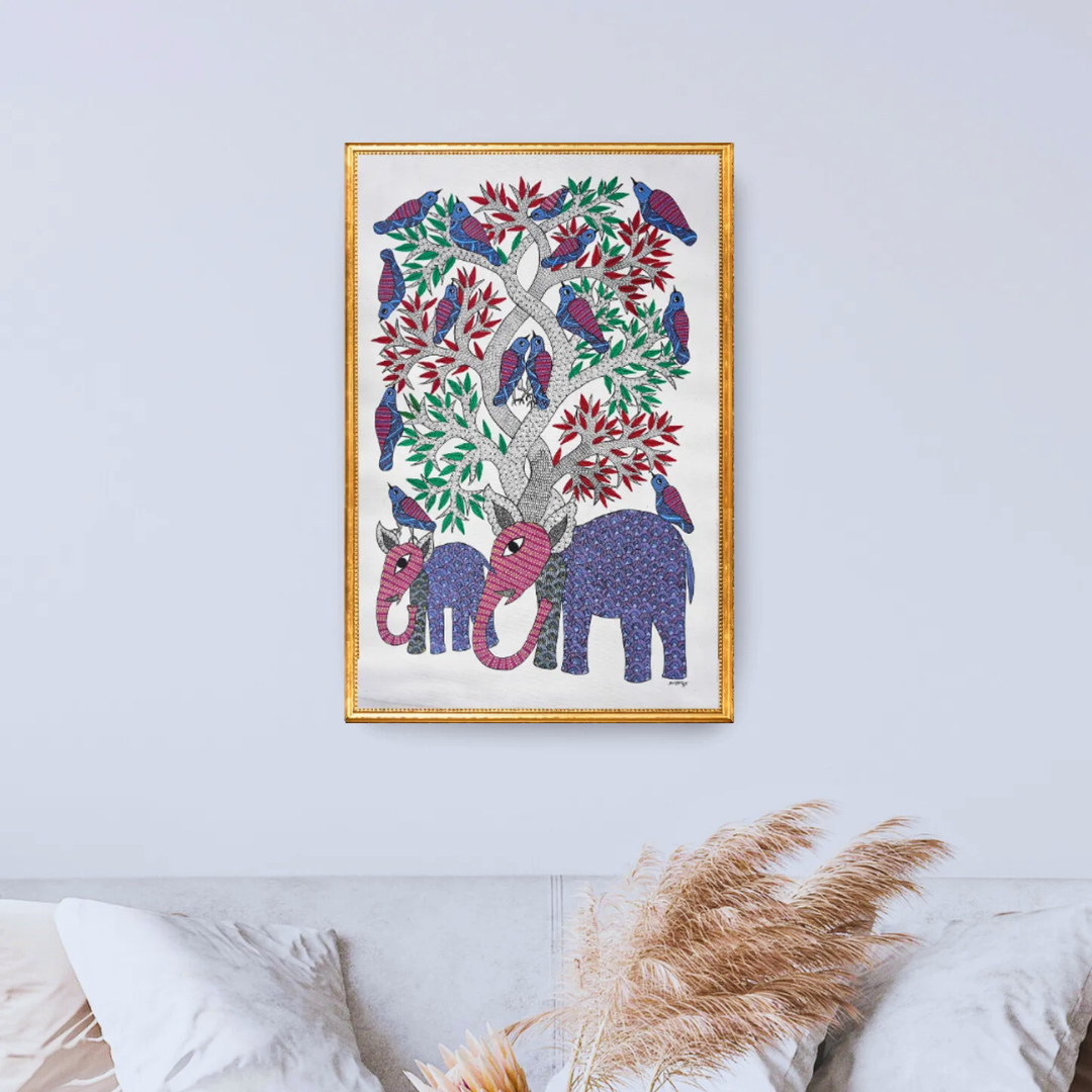 Mother and Baby Elephant Under a Tree