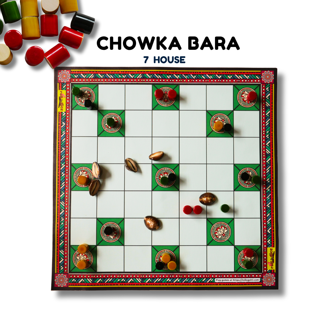 Chowka Bara 5 & 7 House Board Game Combo Set | Cotton Canvas Mat & Wooden Pawns | Ashta Chamma (Telugu), Daayam (Tamil) | Includes How to Play Instructions