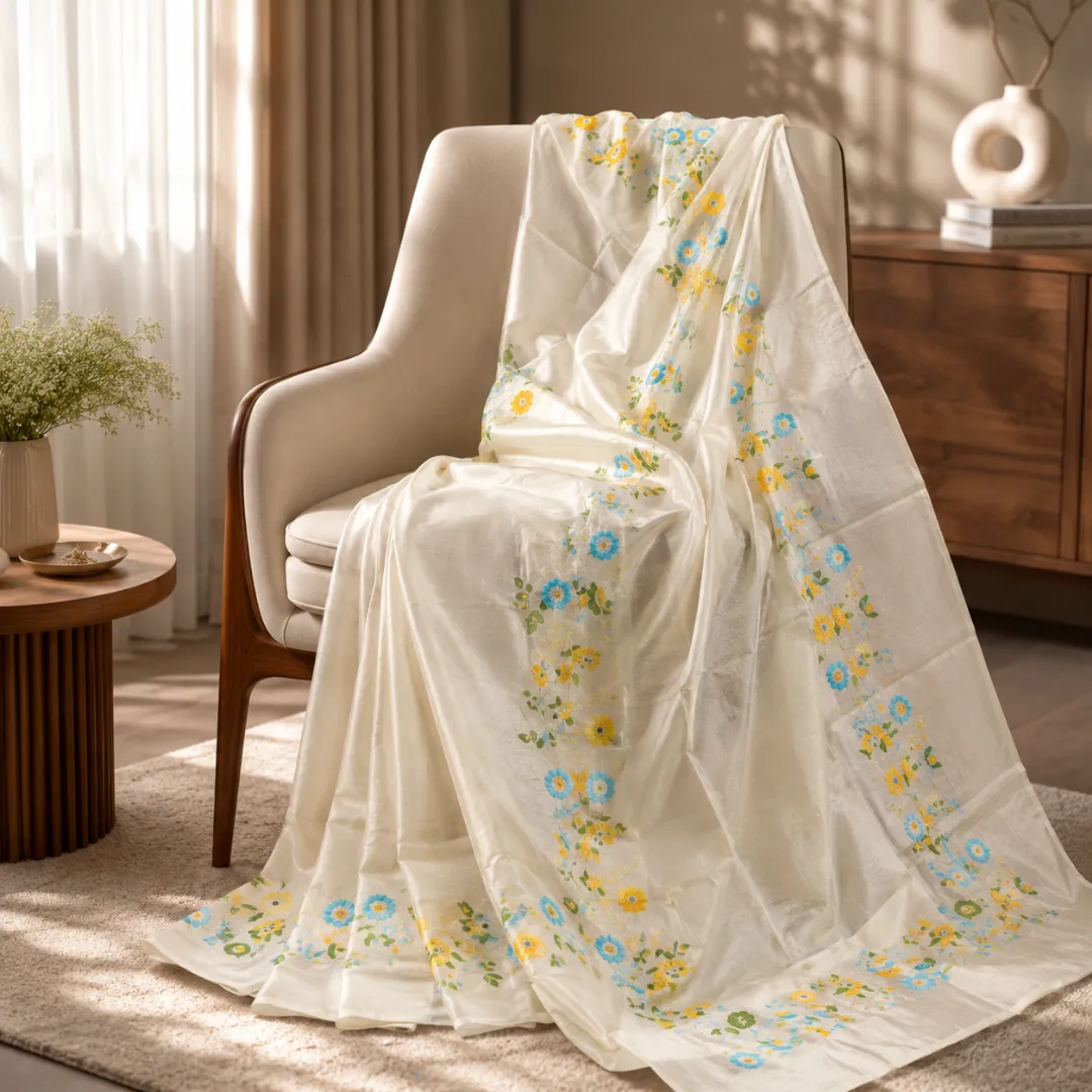 Handcrafted Off-White Paithani Silk Linen Saree with All-Over Butti & Blouse Piece