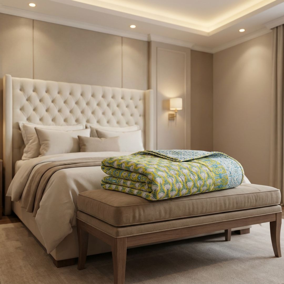 Single Double-Sided Block Printed AC Quilt in Blue Green Pattern