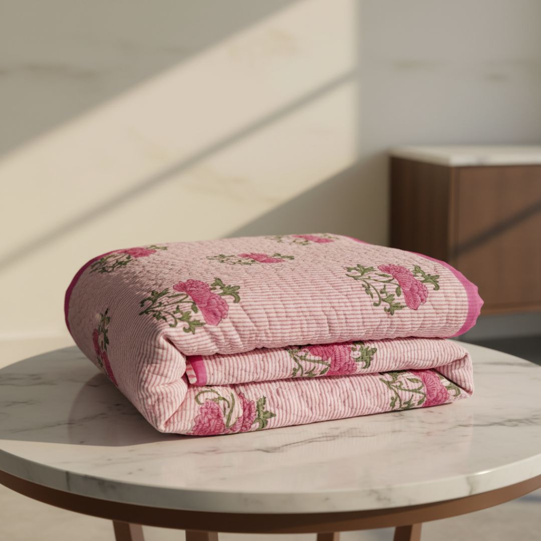 Single Double-Sided Block Printed Comforter in Soft Pink Floral Pattern