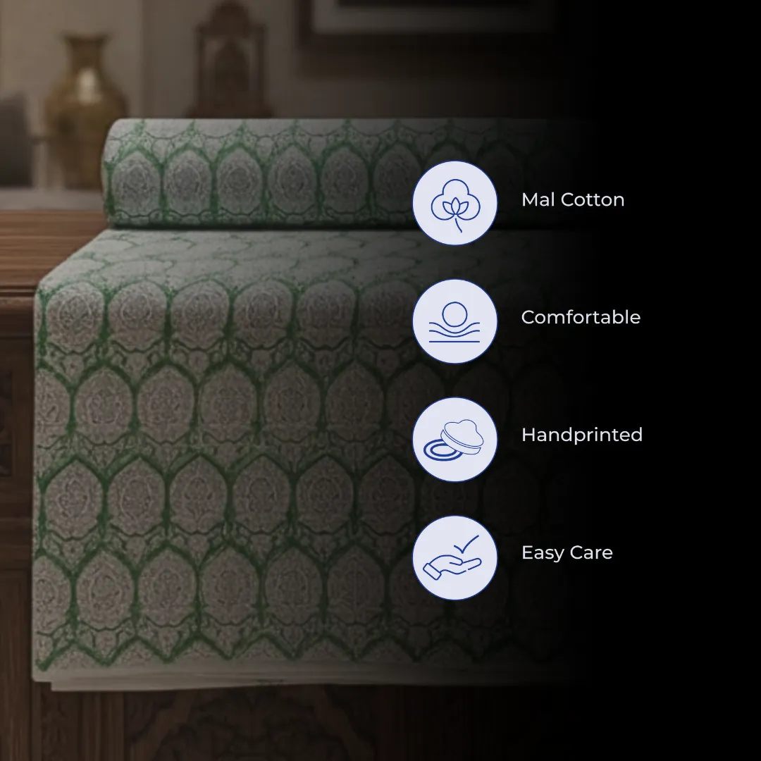 Single-Sided Hand Block Printed Mal Cotton Fabric – Green Lattice Floral | Sold Per Meter