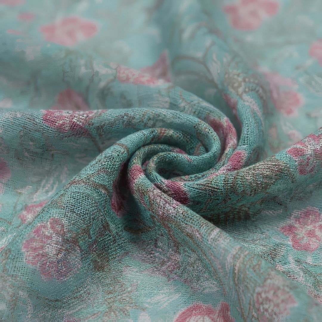 Hand Block Printed Kota Doriya Dupatta in Teal Floral Pattern